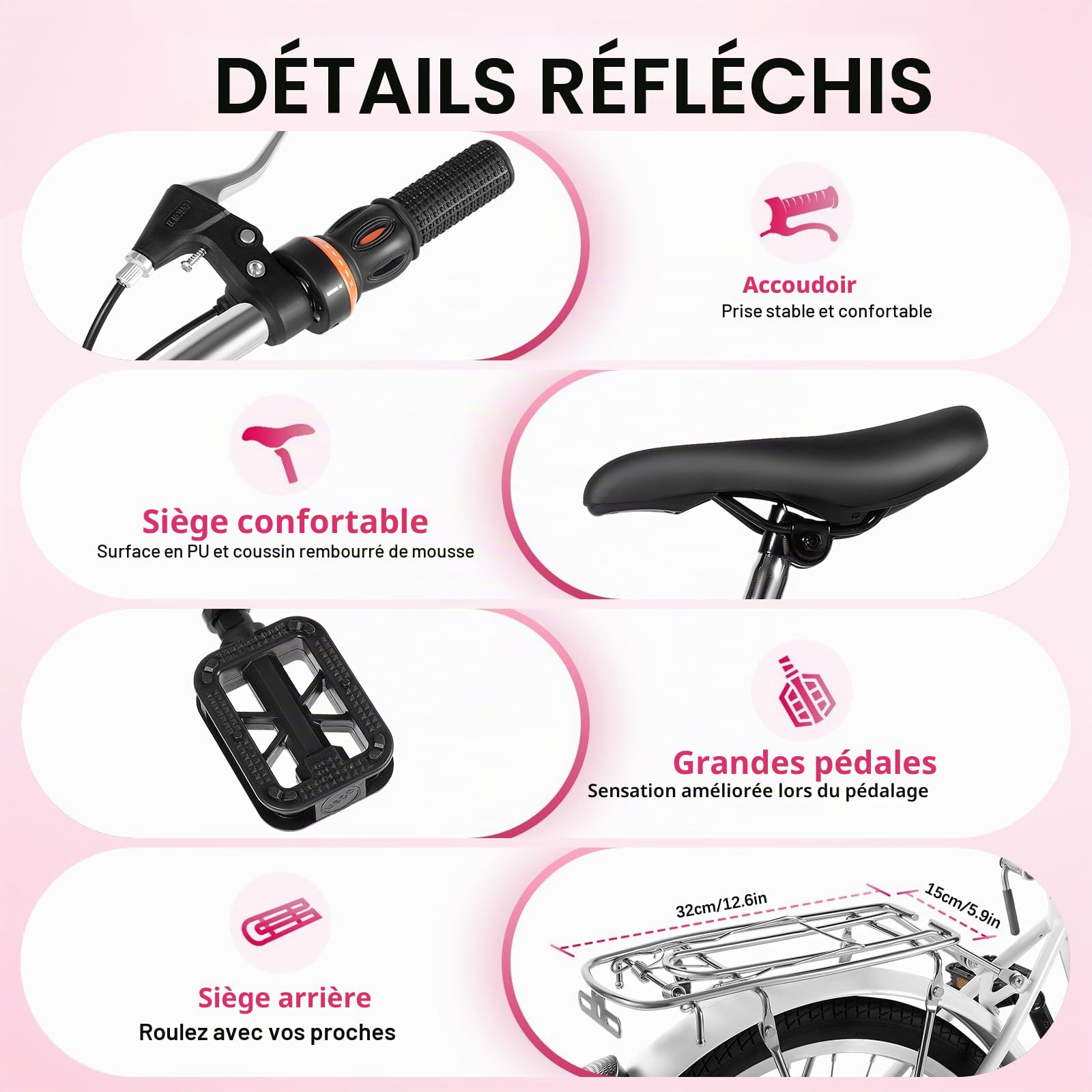 Vélo de ville de 20" à 6 vitesses avec éclairage LED | Vélo réglable en hauteur pour adultes (charge de 90 kg) – Roues en aluminium + frein en V / frein à tambour | Vélo urbain rose et blanc