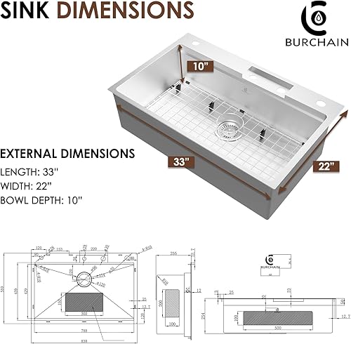Miniatura 5 de Fregadero de cocina en cascada de 33 x 22 pulgadas con grifo de un solo tazón, fregadero de cocina de acero inoxidable calibre 16, estación de