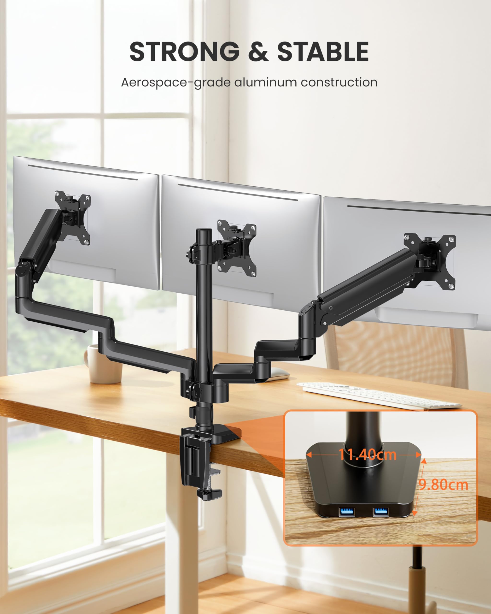 ErGear Monitor Halterung 3 Monitore für 13 bis 27 Zoll Bildschirme, Bildschirmhalterung 3 Monitore mit 2 USB-Anschlüssen; Jeder Monitorarm trägt max. 8kg, Gaming Monitorhaltrung mit VESA 75/100
