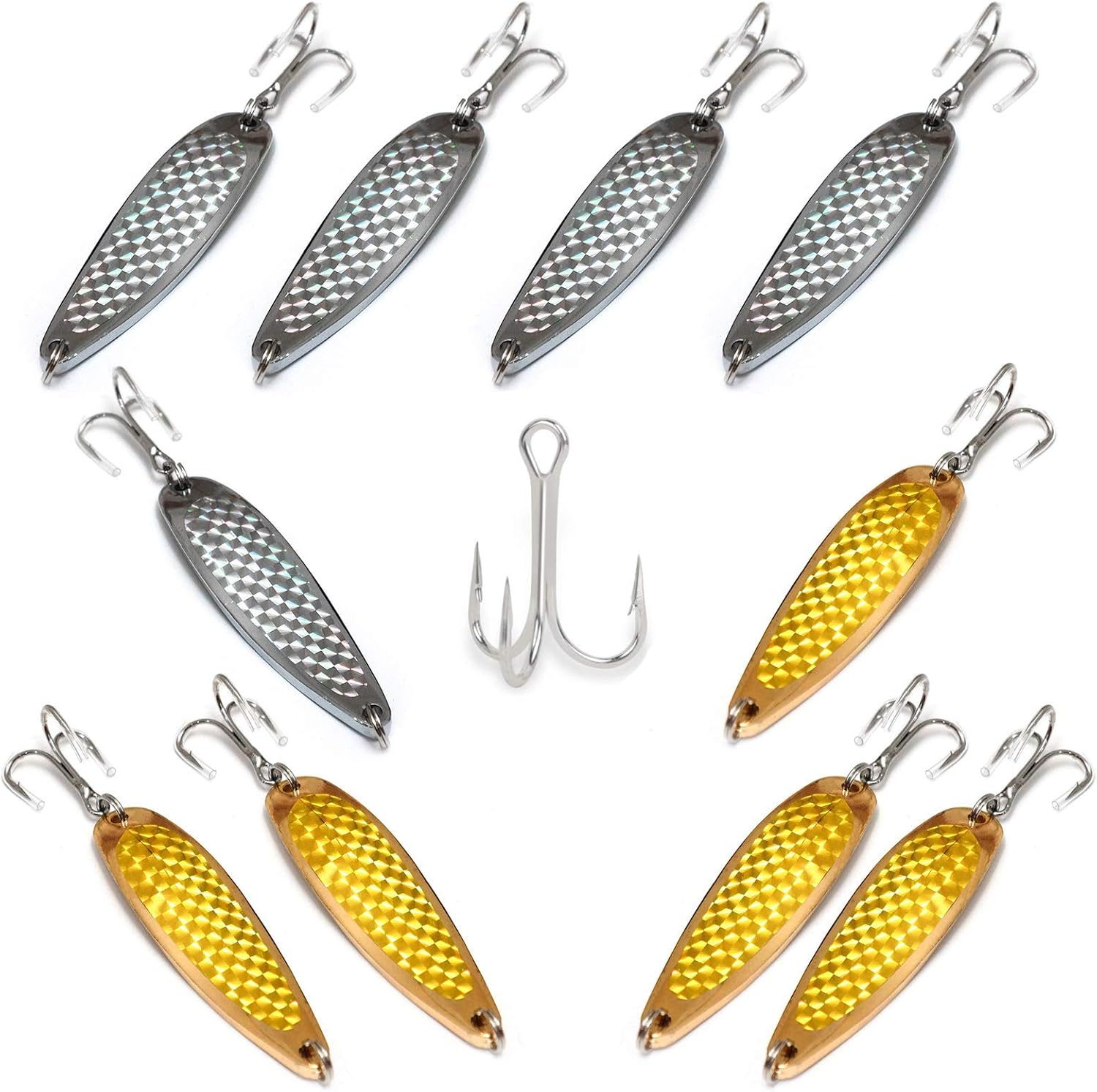 10pcs Fish WOW! 3oz Spoons jig Hard Metal Chrome Fishing Silver Gold Laser Tape jigs with a 3X Strong Mustad Treble Hook 2/0