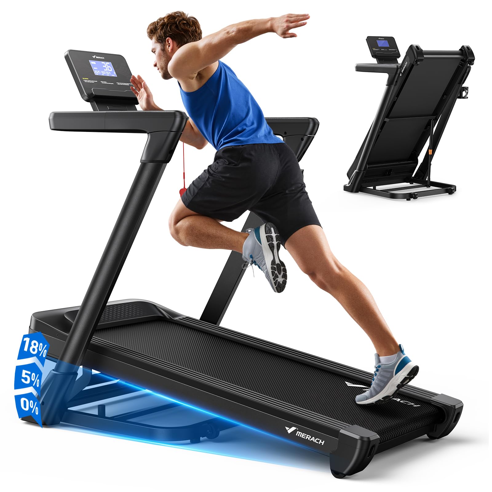 MERACH Bieżnia do domu z nachyleniem, automatyczne nachylenie 18%, 1-14 km/h, składana, 3,5 HP Walking Pad, Treadmill for Home Max 159 kg, 46 x 120 cm, aplikacja do biegania z 12 programami