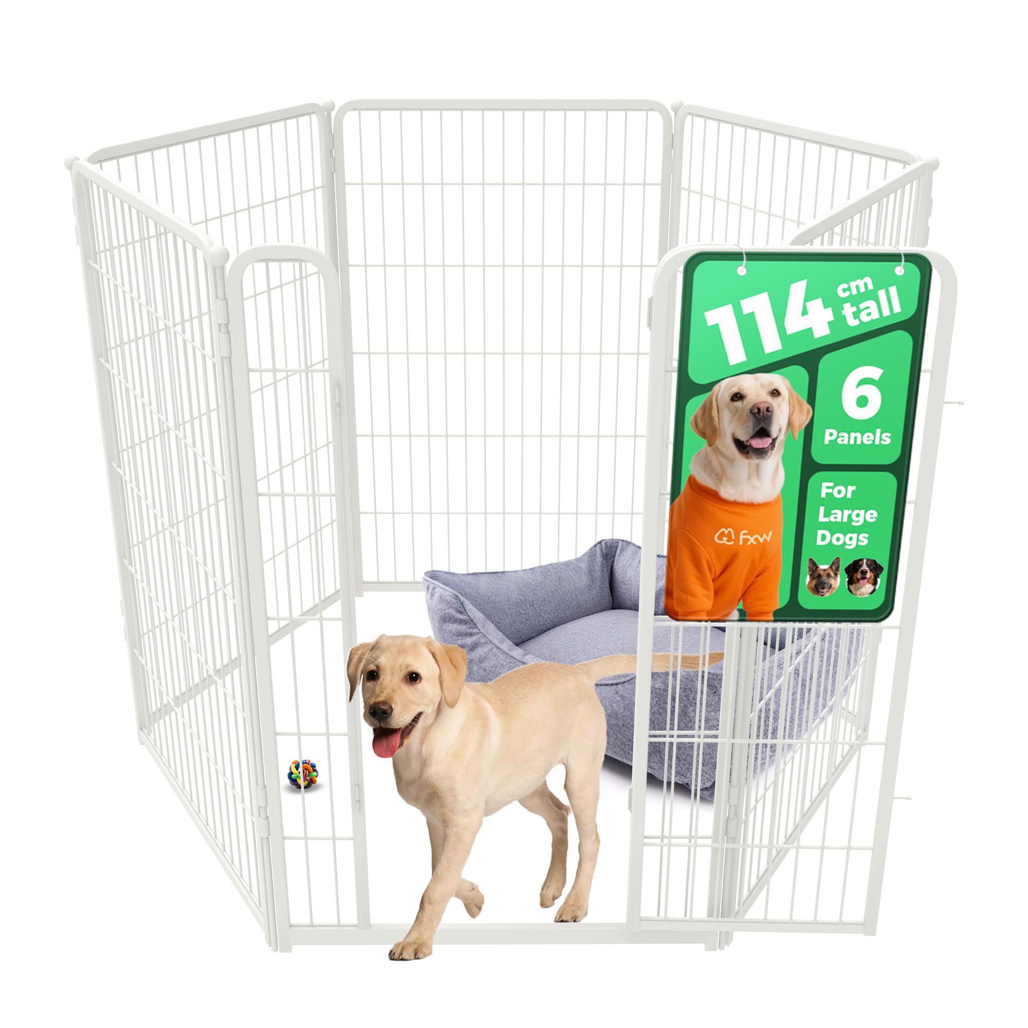fxw Homeplus Unleashed Indoor Dog Playpen - Stress-Free and Safe Play, Heavy Duty 114cm Height 6 Panels Dog Pen for Large Dogs, White│Patent Pending