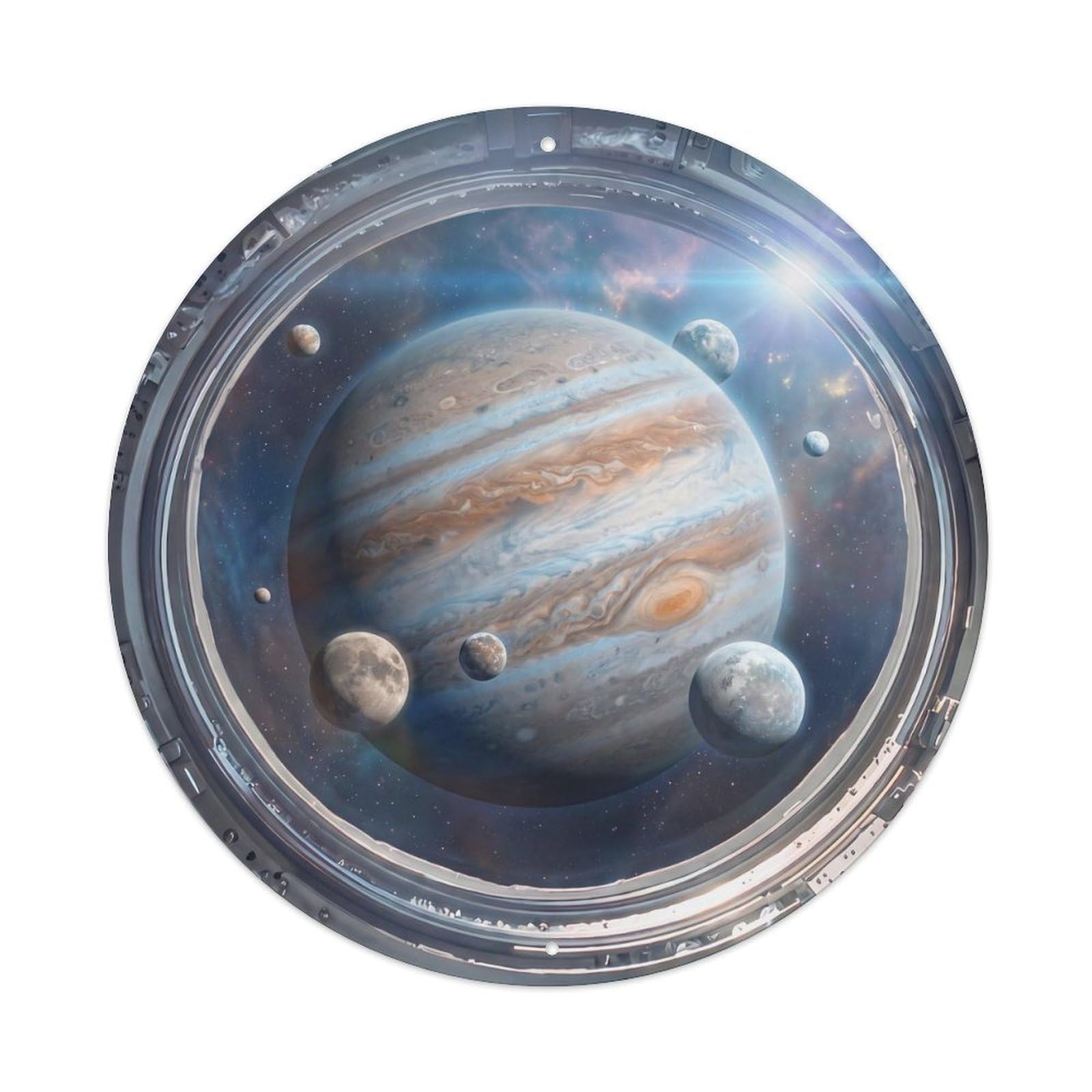 Metal Tin Sign Moons Orbiting Gas Giant from Space Station