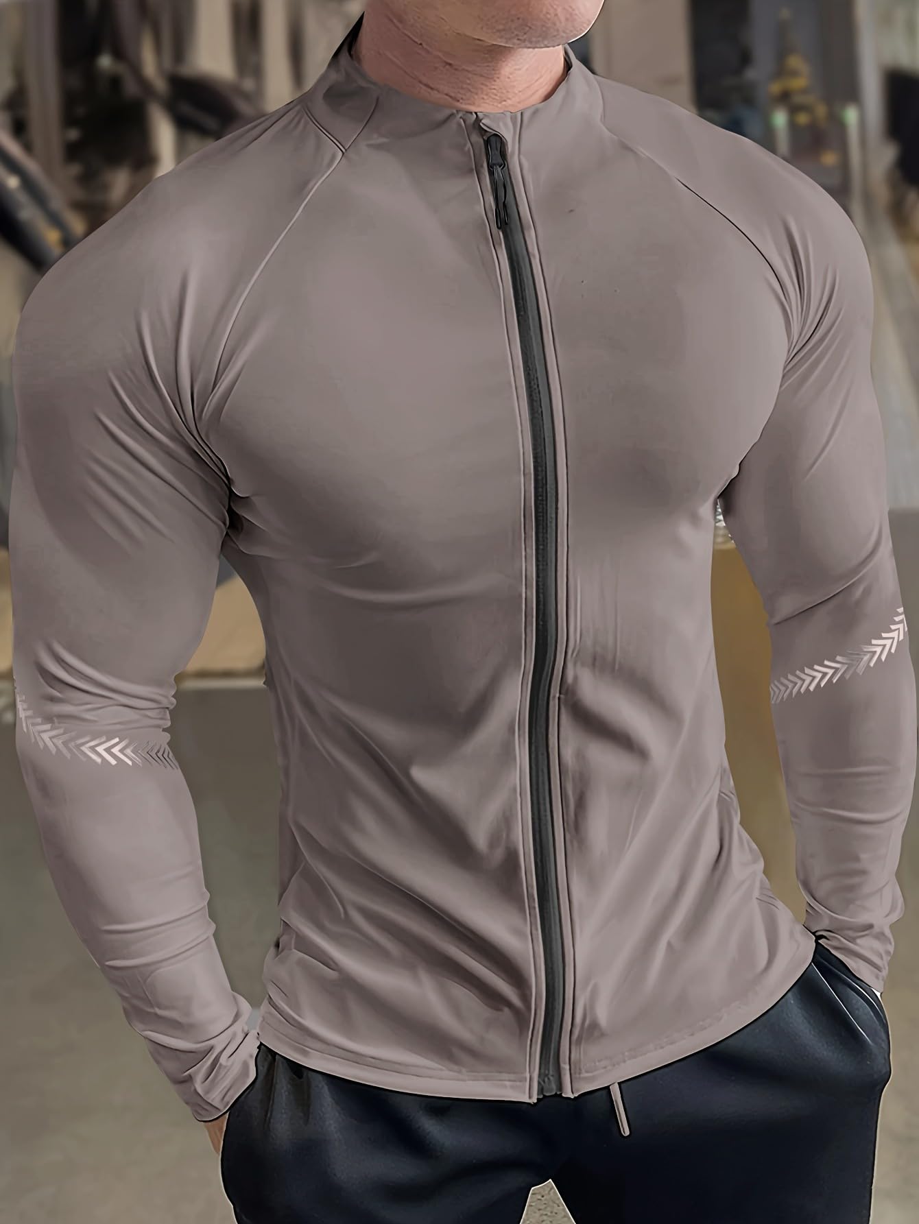 Sudadera con cremallera completa para hombre, manga larga, ligera, elástica, con estampado reflectante en los brazos, para entrenamiento — view 2