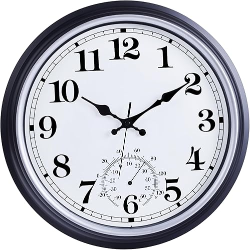 Miniatura 8 de Reloj grande de 16 pulgadas para exteriores, reloj retro impermeable para interiores y exteriores, reloj sin tictac con termómetro, reloj de pared a