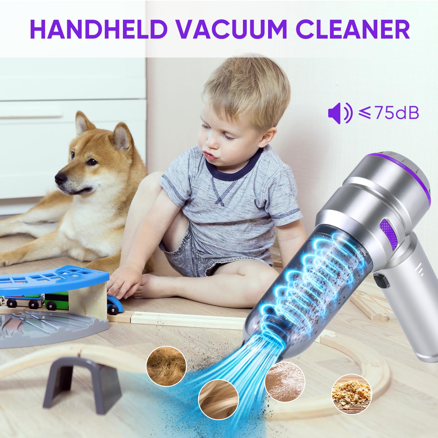 Aspirateur Voiture Puissant sans Fil, 28000 PA 4 en 1 Mini Aspirateur a Main avec Moteur Brushless 3 Niveaux Réglables Idéal pour Voiture Maison Bureau Les Soins des Animaux