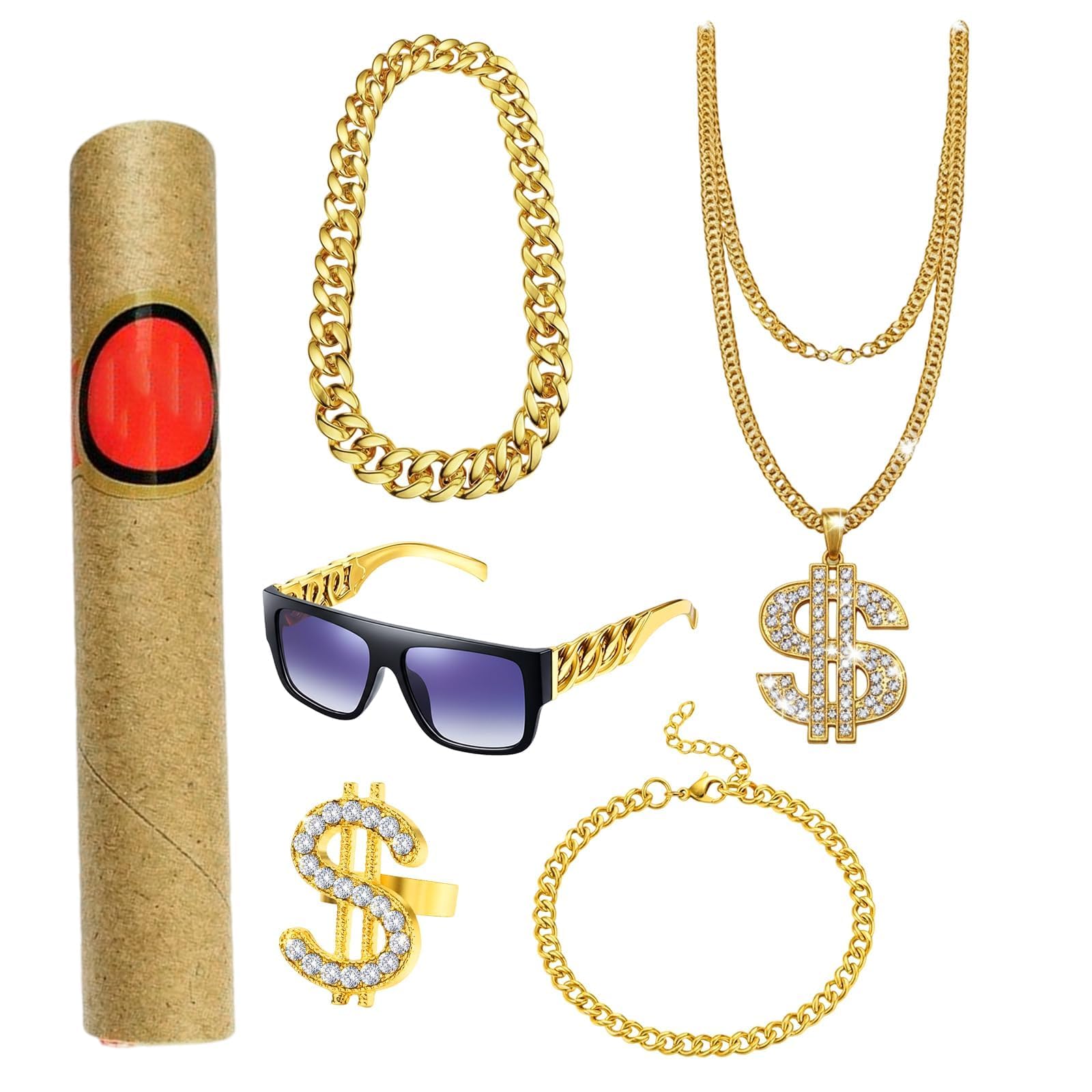 SurPse 6-Piece 90s Hip Hop Fancy Dress Kit with Fake Gold Chain