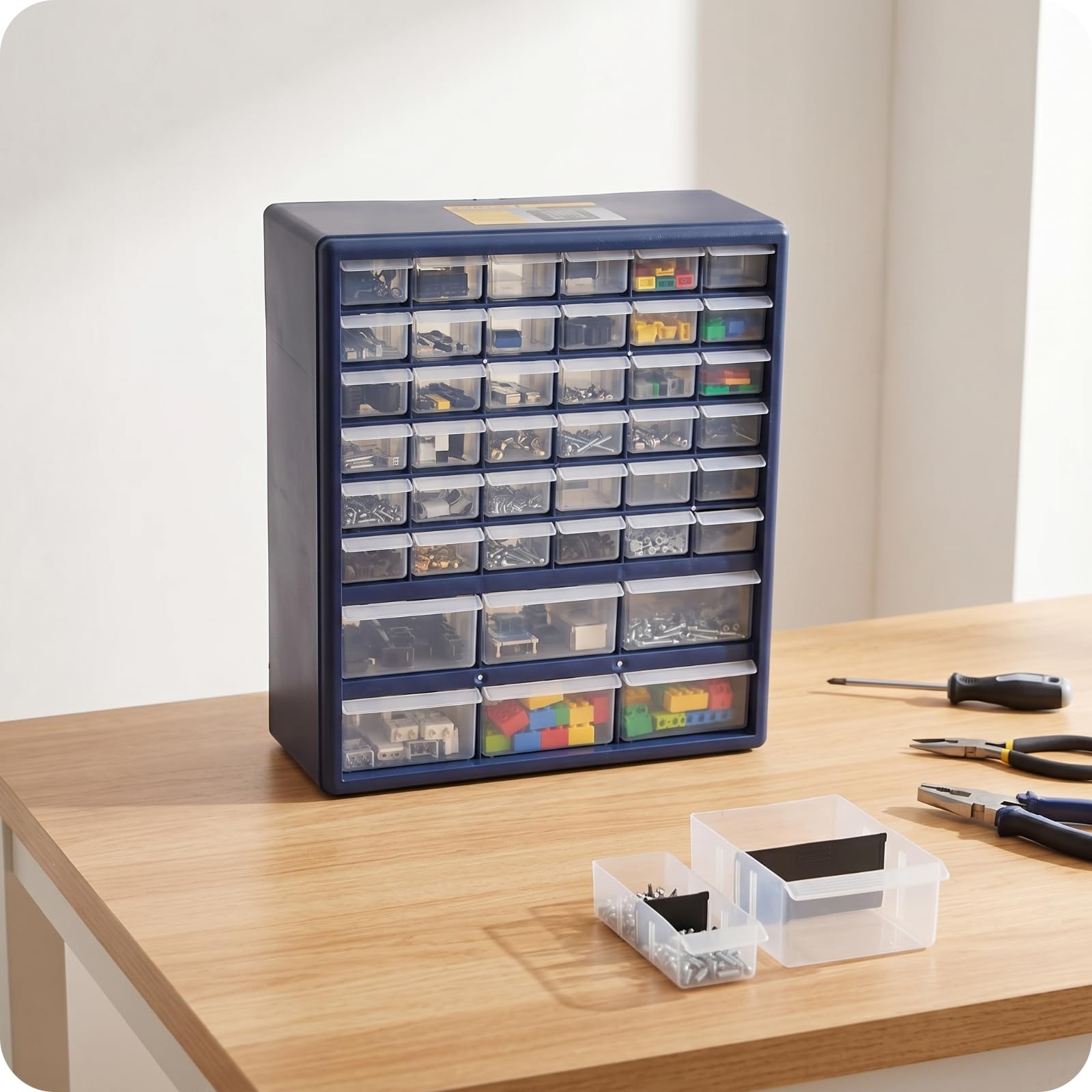 Cassettiera di Plastica Multiscomparto Armadietto con Cassetti Salvaspazio Contenitore Domestico, Blu, Organizzatore Da Scrivania Con Cassetti, 48 Scomparti
