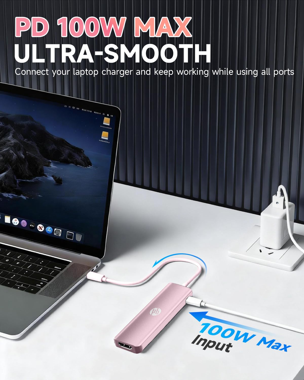HP Docking station USB C, hub multi-porta USB C 5 in 1 con HDMI 4K, alimentazione 100 W, per laptop, MacBook, iPad, Thinkpad e altro, rosa