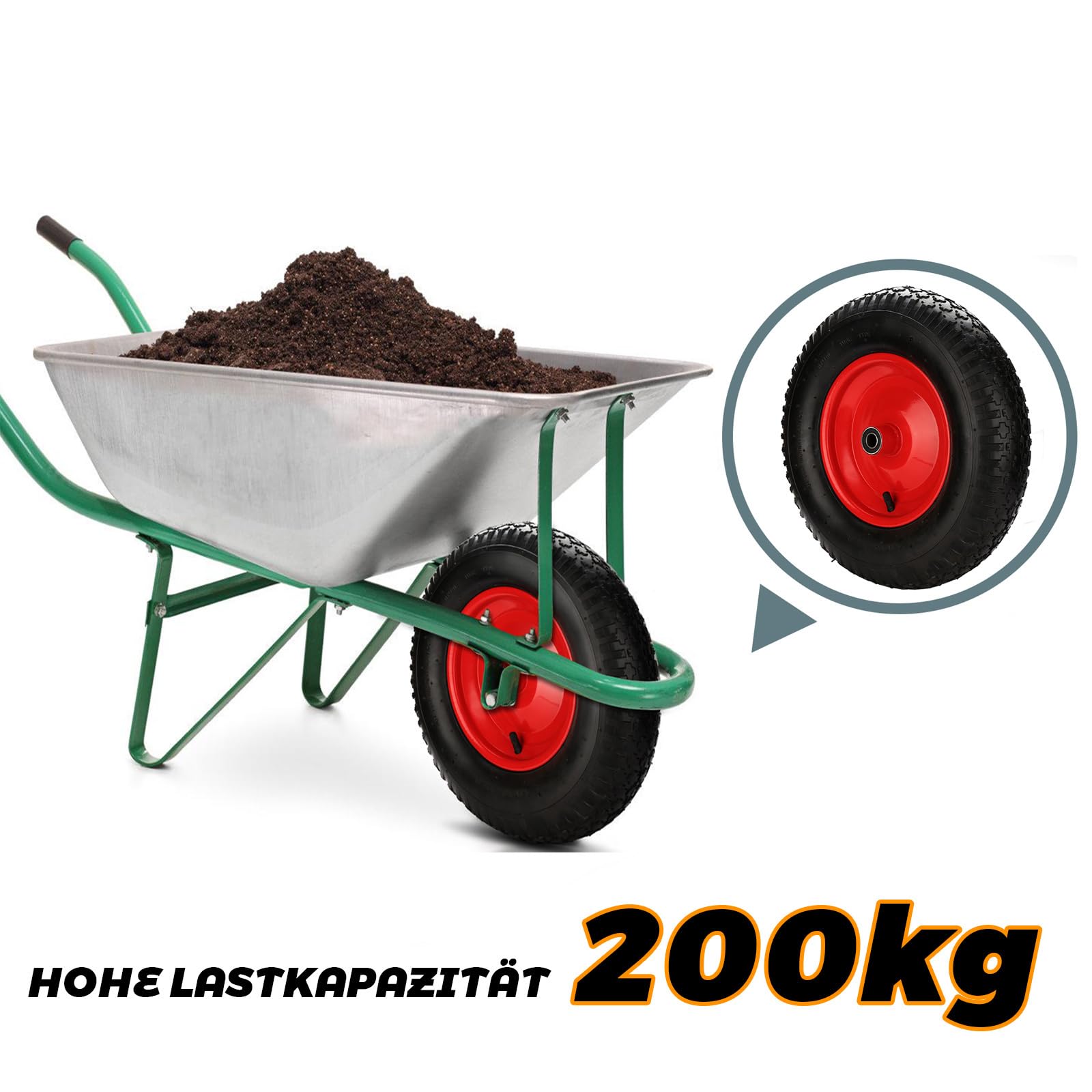 Schubkarrenrad luftbereift 4.80/4.00-8 Ø 390mm, PU Gummirad mit Achse, 200 kg Tragkraft Ersatzrad, Reifenbreite 95 mm für Schubkarre Gartenkarren, Schwarz/Rot 4pcs