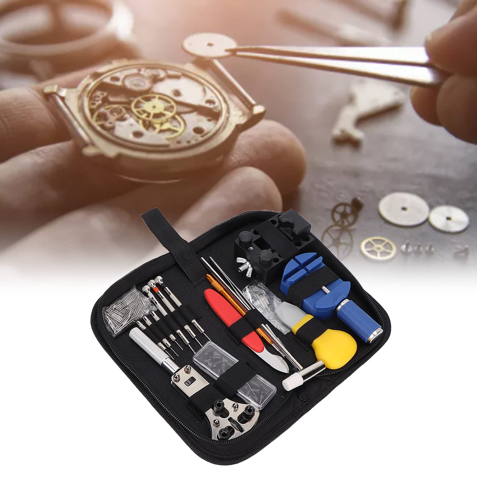 144-teiliges Uhrenreparaturset, Uhrenarmbandentferner, Federstegwerkzeug, Verstellbarer Gehäuseöffner, Uhrenreparaturwerkzeugsatz mit Stoffaufbewahrungstasche