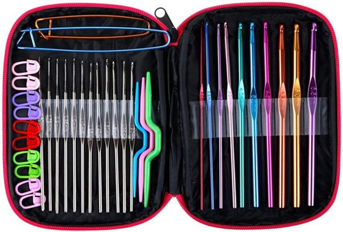 Colorful Ergonomic Crochet Hooks Set Metal Knitting Needles with Storage Bag Craft Toy Making Portable Long Handle Reduce Hand Fatigue