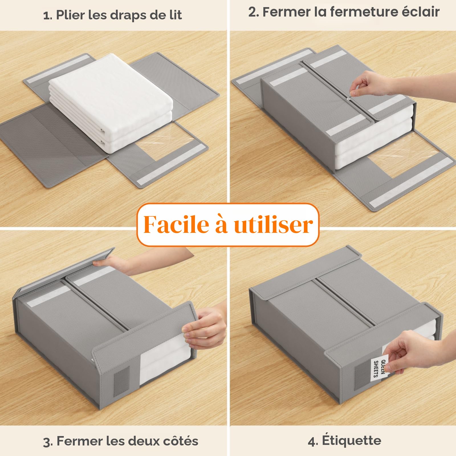 Lifewit Sacs de Rangement Pliables pour Draps de Lit, Boite Rangement Draps de Lit avec Fenêtre Transparente, Étiquette, Caisse Rangement Housse Couette, Couverture, Placard, Gris Claire, Lot de 6