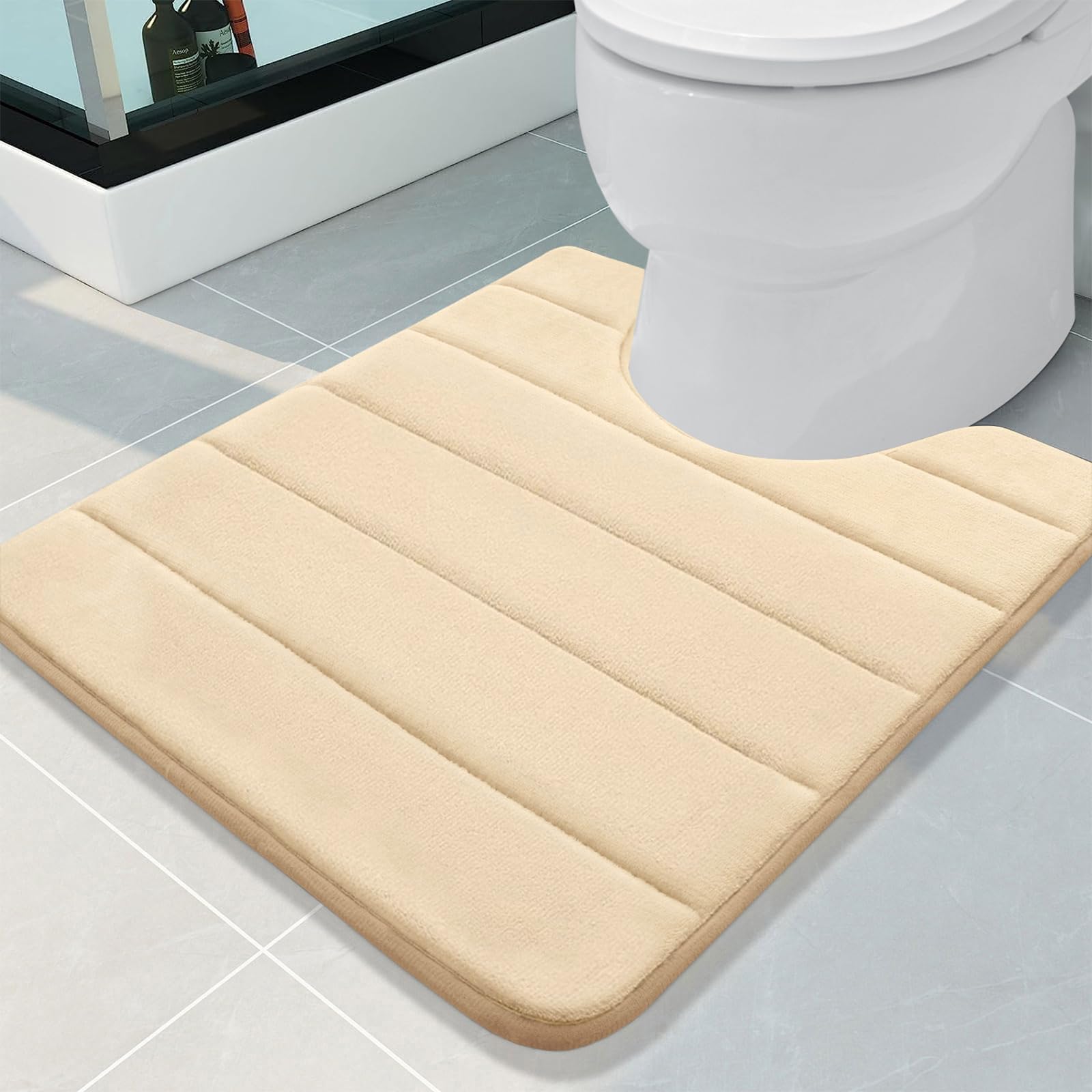 Buganda Memory Foam U-Shaped Contour Toilet Rugs, Non Slip Absorbent, Thick Soft Washable Bathroom Mat, Floor Carpet Bath Rugs Mat for Toilet Base (24
