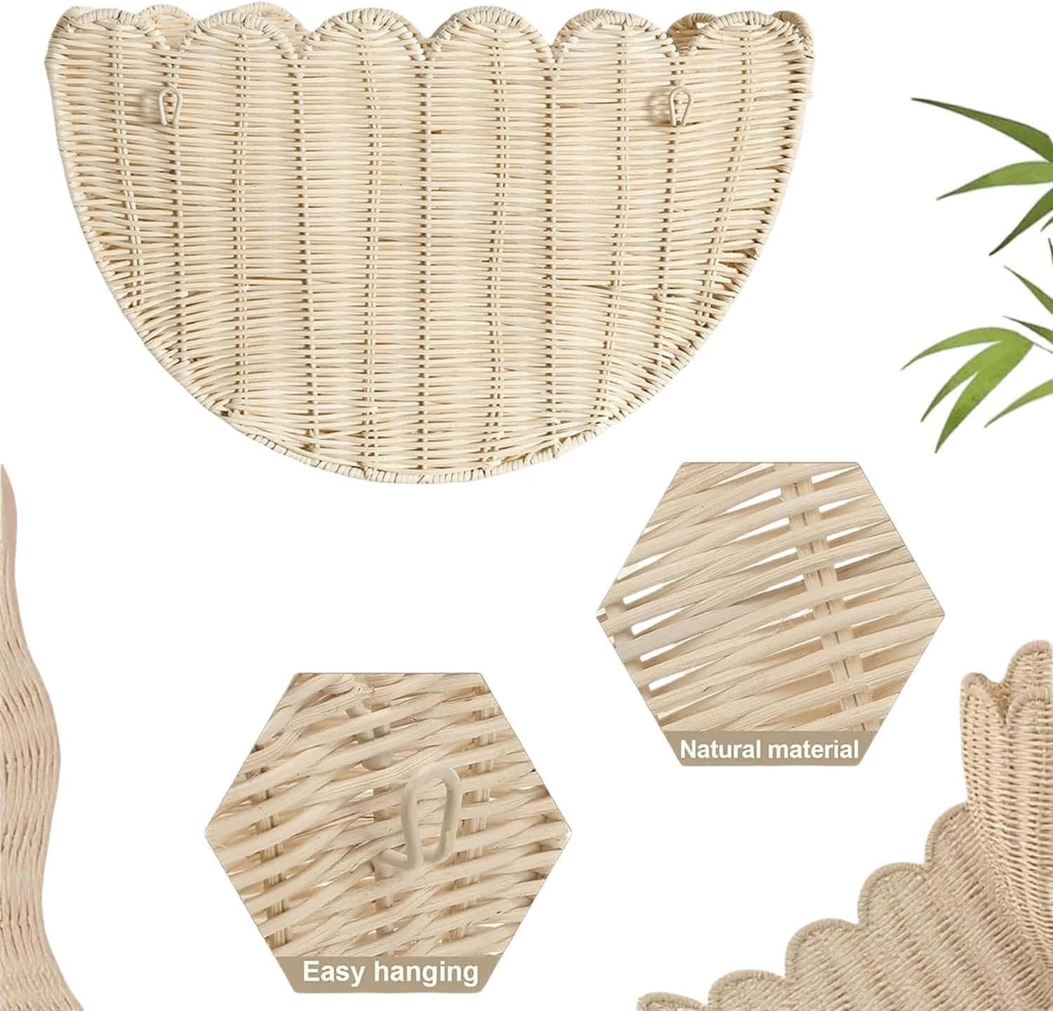 Scalloped Wall Basket,Hand Woven Hanging Wicker Wall Baskets Set, 16 x 10 x 7 & 14 x 8 x 6 Inch Scalloped Rattan Wall Basket Decor for Home,Bathroom,Living Room Organizing