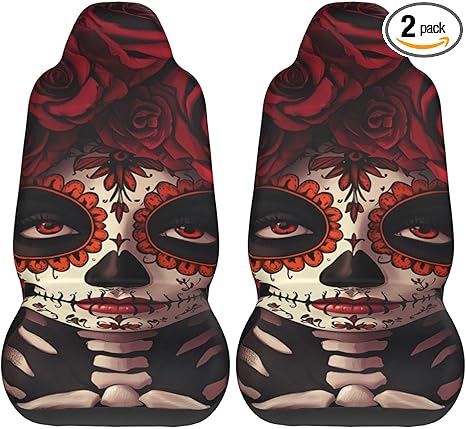2 Pack Women-Sugar-Skull-Rose Car Seat Covers, Elastic Automotive Seat Slipcovers, Protects Seats from Stains and Pets, Good for Everyday Use