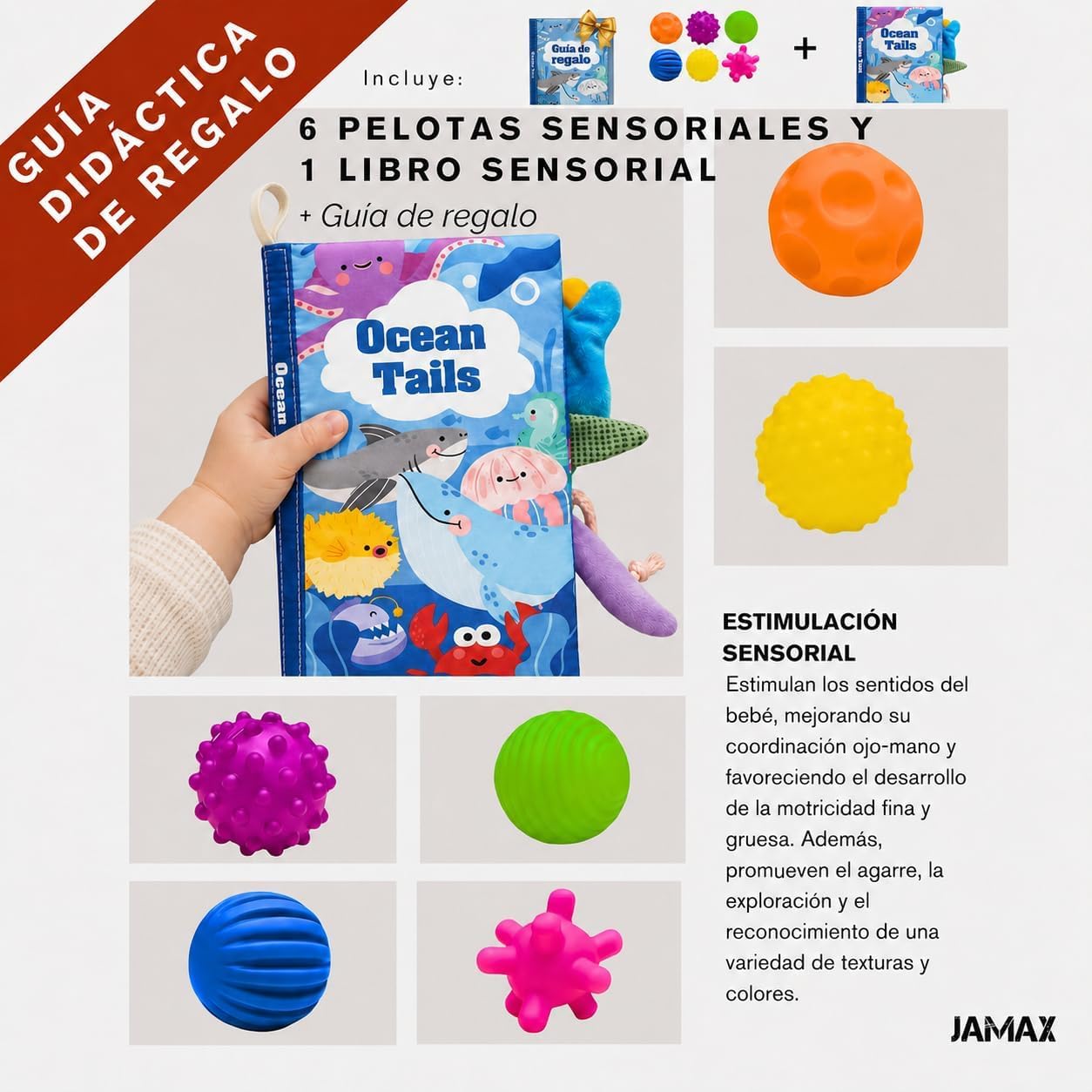 JAMAX Parque Infantil Bebe 150x180 | Corralito bebe | Parque bebe Alfombra Acolchada Reversible 1,5 cm de Grosor + 6 Pelotas Sensoriales +Libro Sensorial+ Bolsa transporte (150x180)