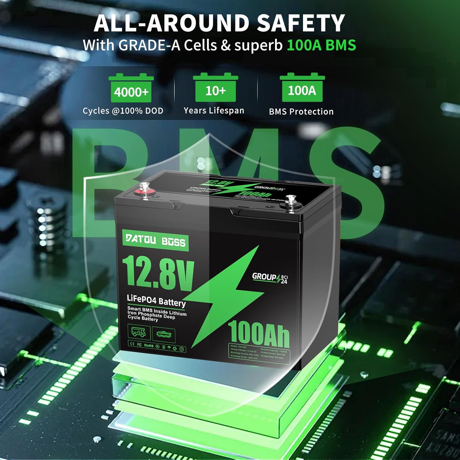 DATOUBOSS 12V100Ah Mini リン酸鉄リチウムイオンバッテリー 小型化 バトラー LiFePO4 100AのBMS