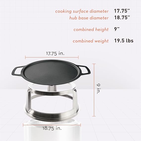 Solo Stove Bonfire Griddle + Hub, Cast Iron Cookware with Stainless steel Hub for 8 Elevation, Addition to Bonfire fire pit, Weight: 19.5lbs, Cooking surface diameter 17.75