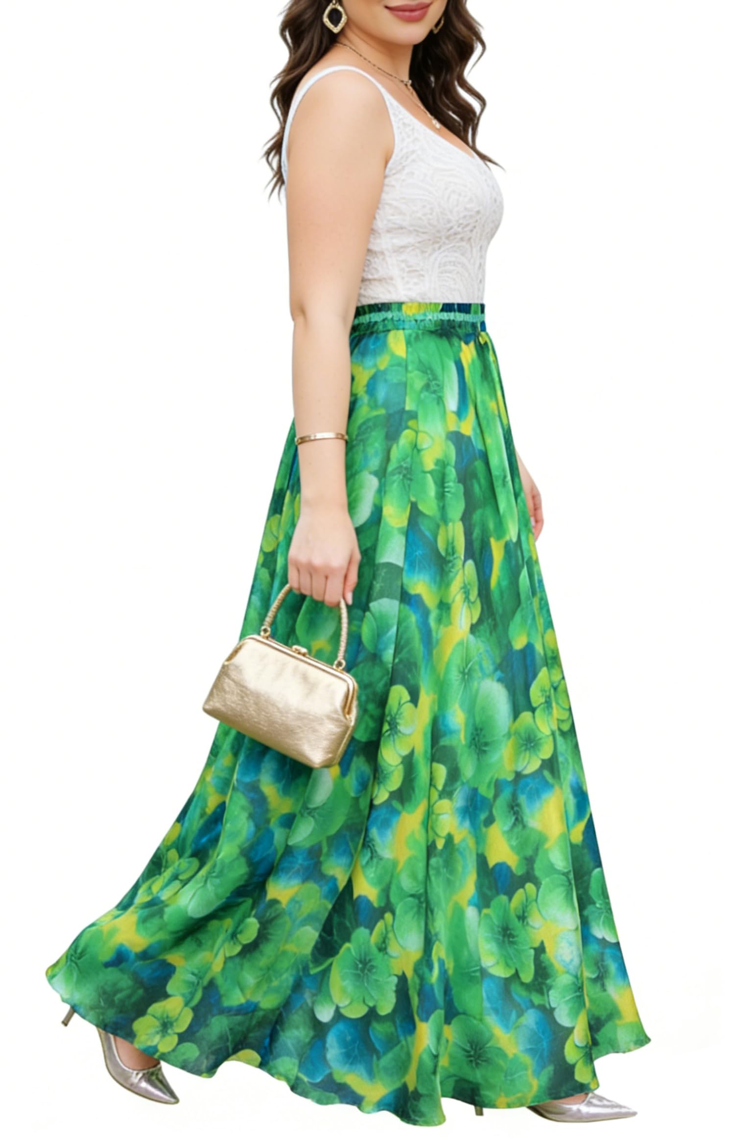 Afibi Womens Blending Chiffon Retro Long Maxi Skirt Vintage Dress