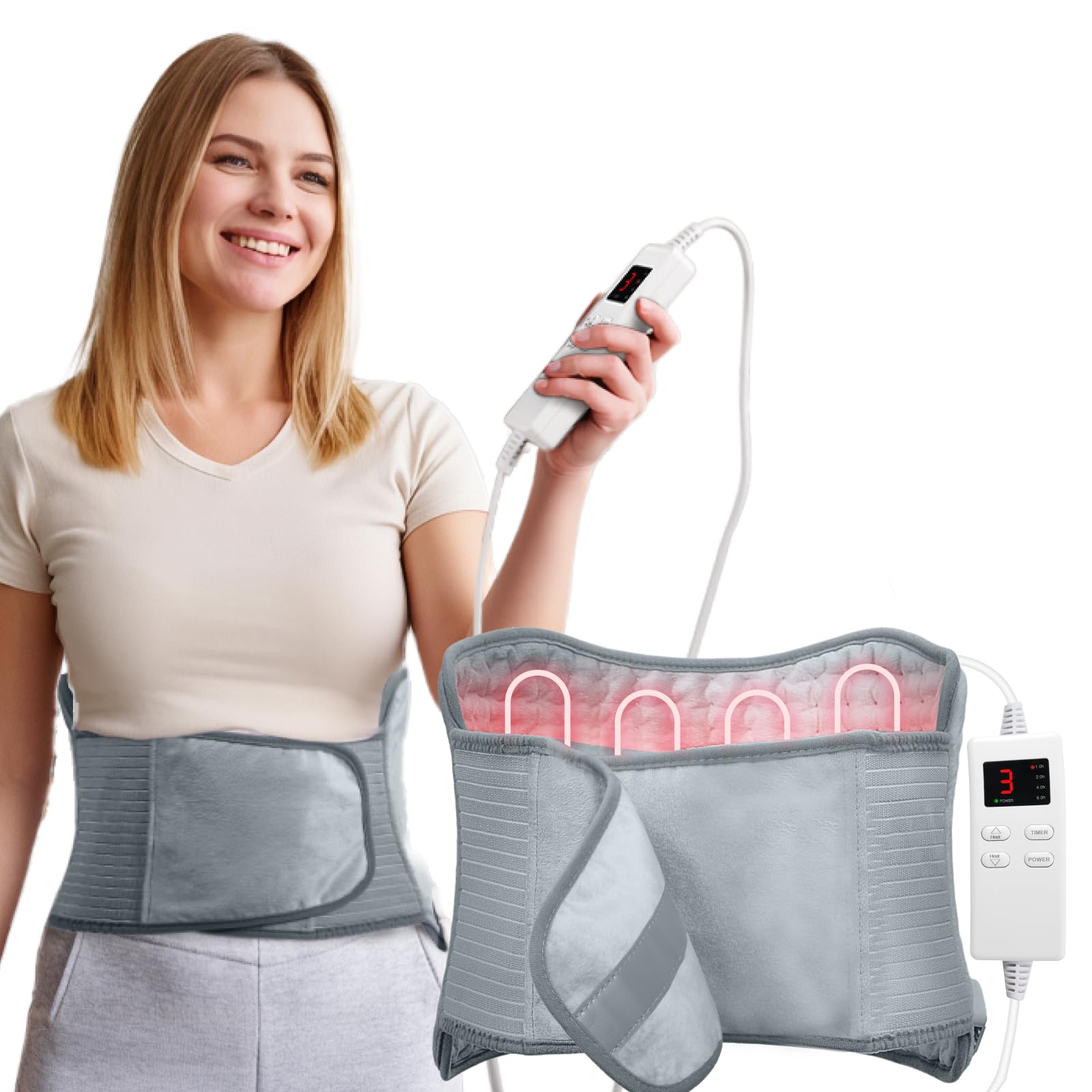 Almohadilla térmica eléctrica para calambres menstruales, cuello y hombros con cinturón, almohadilla térmica para aliviar el dolor de espalda, 4 temporizadores y 6 ajustes de calor, 12 x 24 pulgadas +
