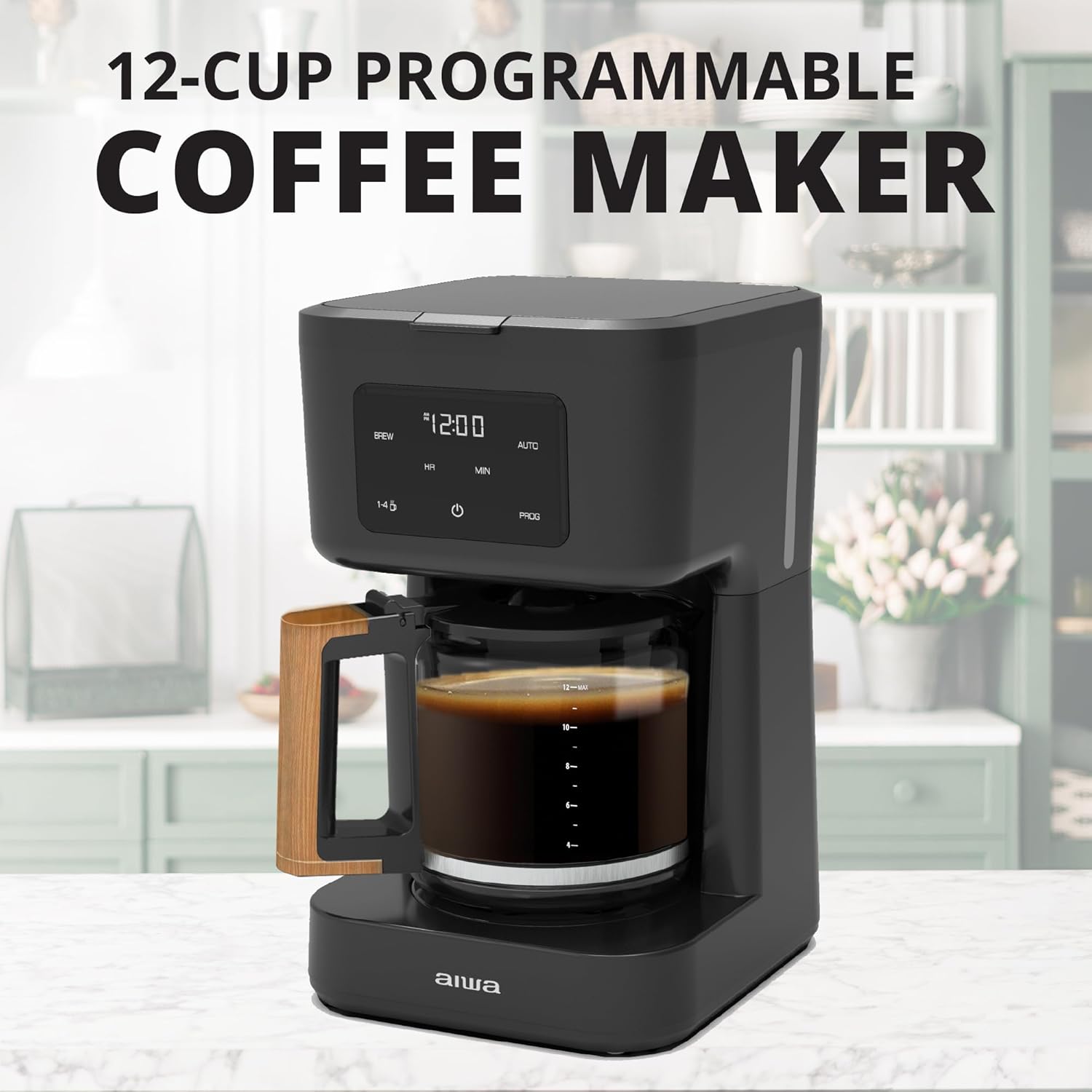 Aiwa 12- Cup Programmable Coffee Maker with Reusable Filter and LED Digital Indicator Light, Auto Shutoff