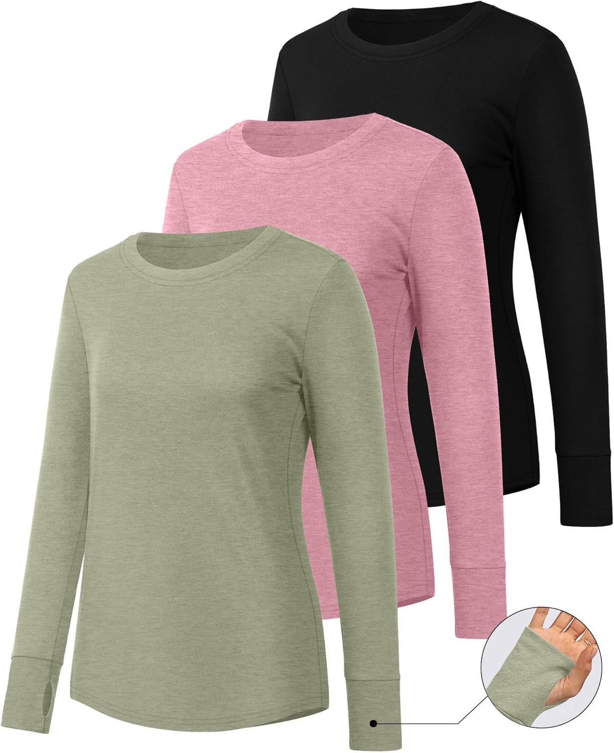 Huukeay 3 Pack Women's Long Sleeve Shirts with Thumb Holes, Cotton Casual Crew Neck Tunic Tops Fall Loose Y2k Trendy Outfits - Image 3