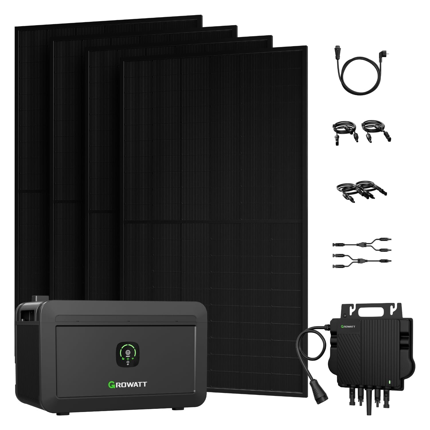 Powerness® 2000W Balkonkraftwerk mit Speicher 2048Wh, Growatt NOAH 2000 mit NEO 800W, 4×500W Full Black Bifaziale Solarmodule, Zubehör Komplettset, Plug & Play (0% MwSt)