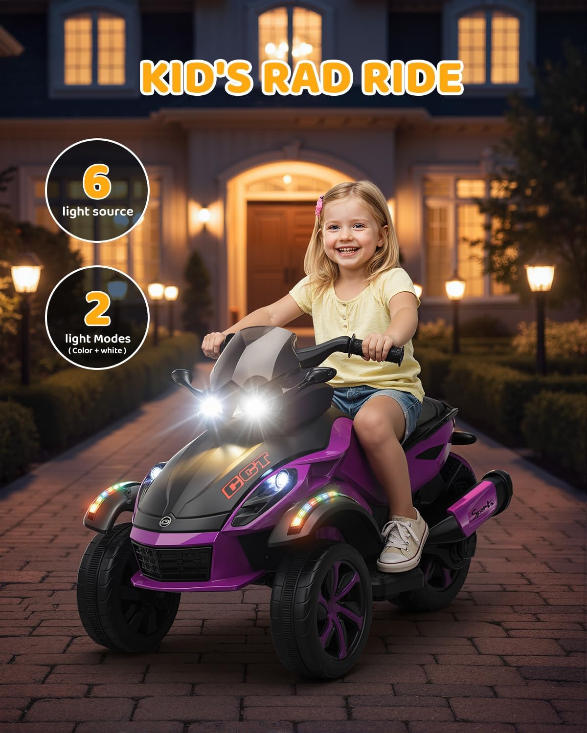 12V Kids Electric Motorcycle, 3 Wheeler Toddler ATV with Led Lights, Music, Horn, Shock Absorbers, Purple Power Wheels for Girls, Ride on Toys for Toddlers 3-5