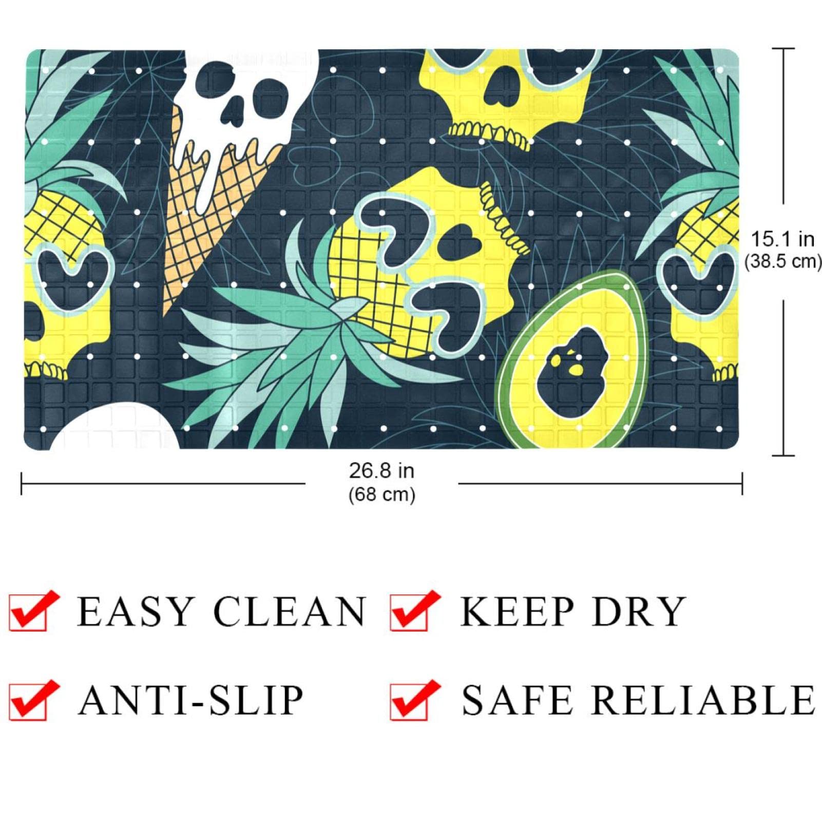 Badematte für Kinder, Motiv: lustiger Totenkopf, Ananas, Obst, Eiscreme, rutschfeste Badewannenmatte, Duschmatte für Babys, Kleinkinder, Kinder, maschinenwaschbar, 40 x 70 cm