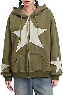 HodJIU Women Y2K Zip Up Hoodie Star Print Oversized Sweatshirts Fairy Grunge Graphic Hooded Jacket Harajuku Aesthetic E-Girls Streetwear
