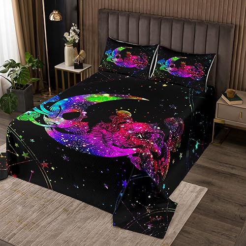 Juego de edredón de luna tamaño individual, diseño de calavera de azúcar, colorido juego de colcha de teñido anudado, juego de ropa de cama de Juego de edredón de luna tamaño individual, diseño de calavera de azúcar, colorido juego de colcha de teñido anudado, juego de ropa de cama de