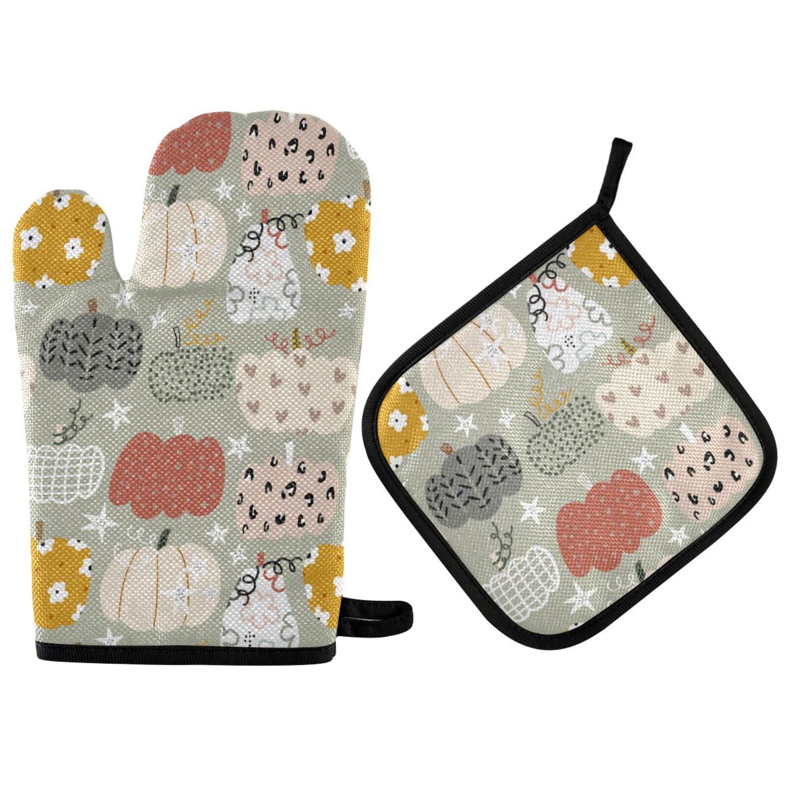 ZZXXB Autumn Pumpkin Floral Oven Mitts and Pot Holders Set of 2 Heat Resistant Non-Slip Kitchen Gloves for Cooking Baking Barbecue Grilling