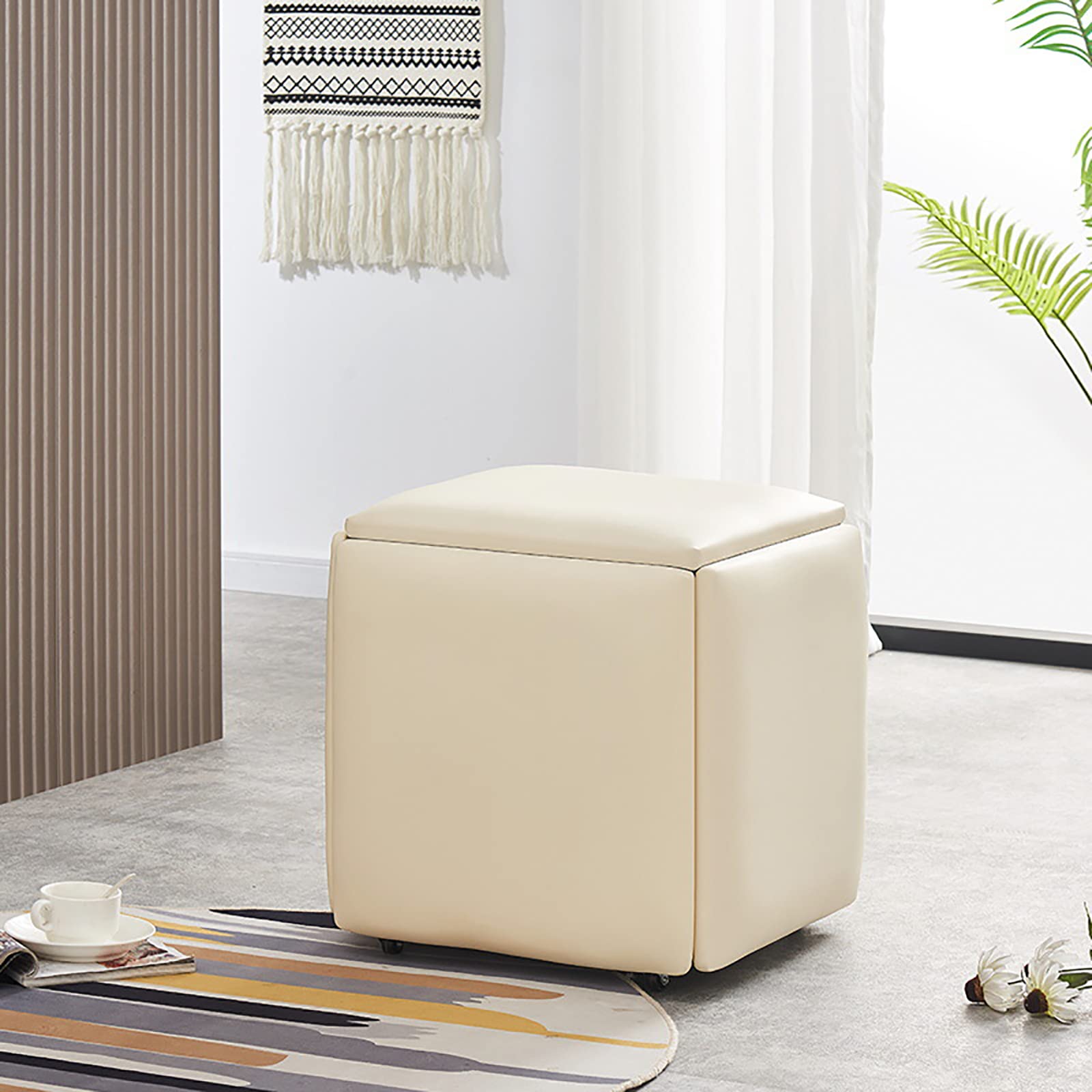 LMMIAOZ 5 in 1 Stackable Square Ottoman Chair Set with Wheels for Living Room Dining Room Small Foot Rest Stools Fau Leather 35 * 35 * 35CM