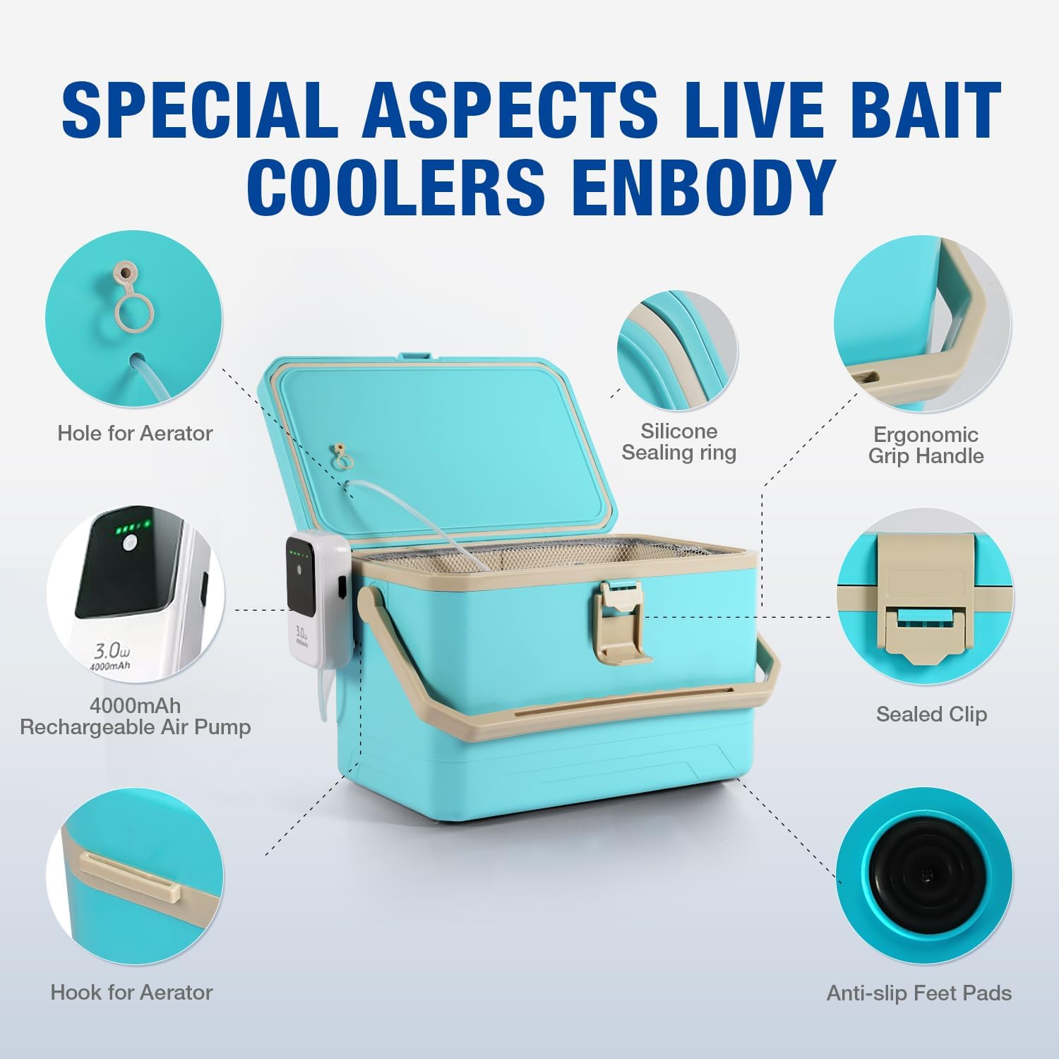 Ghosthorn Fishing Cooler 11QT/15QT Live Bait Cooler with 4000mAh Rechargeable Aerator for Fishing,Bait Bucket for Live Fish Shrimp,Portable Minnow Bucket for Boat Outdoors