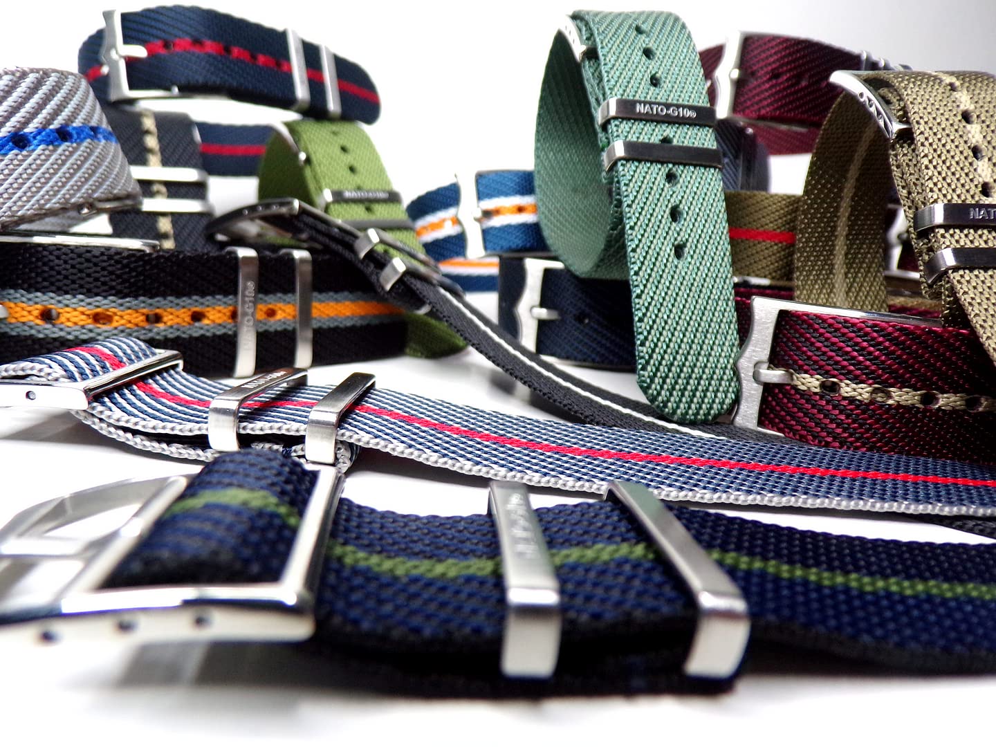 NATO G10® Twill 1pc Single Pass Adjustable Ballistic Nylon Watchband 20mm 22mm (20mm, 10.Olive-Red Stripe)