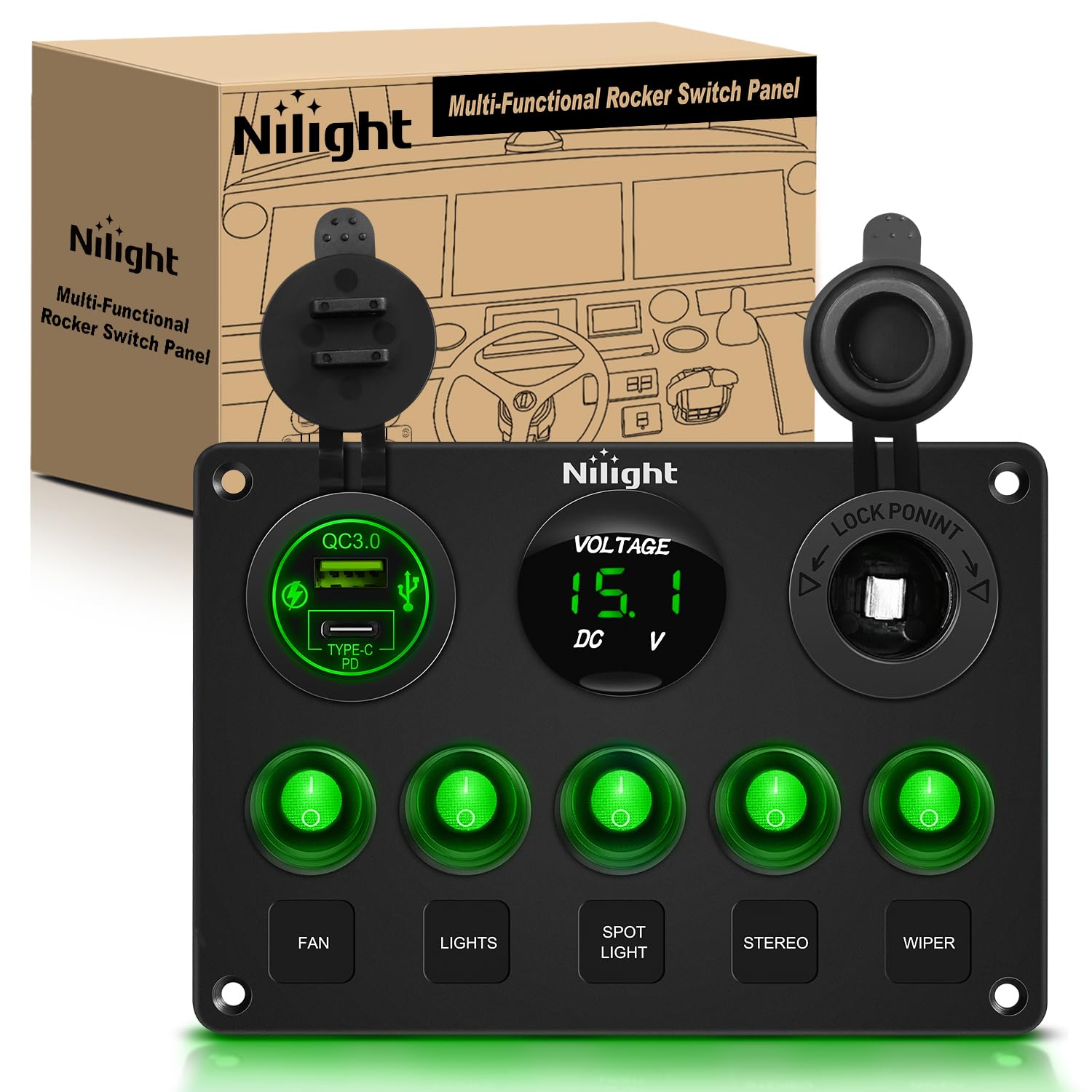 Nilight Waterproof Switch Panel Multi-Function 5 Gang PD Type C and USB Plug Digital Voltmeter 12V Rocker Output with In-Line Fuse for RV Cars Boats-image-28