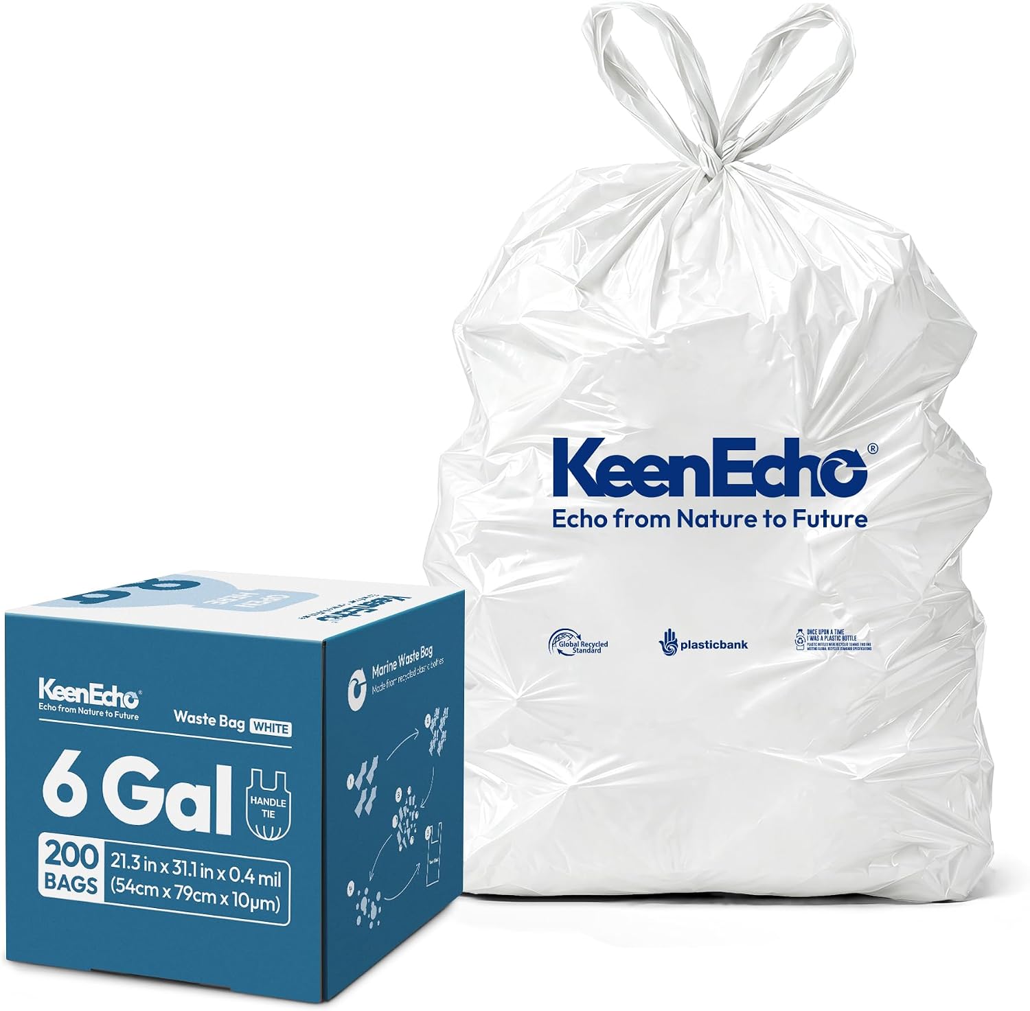 Small Trash Bags with Handles - Ocean Plastic Upcycling - Plastic Garbage Bags, Can Bin & Waste Basket Liner for Kitchen, Bathroom, Office and Pets,6 Gallon 200 Count White