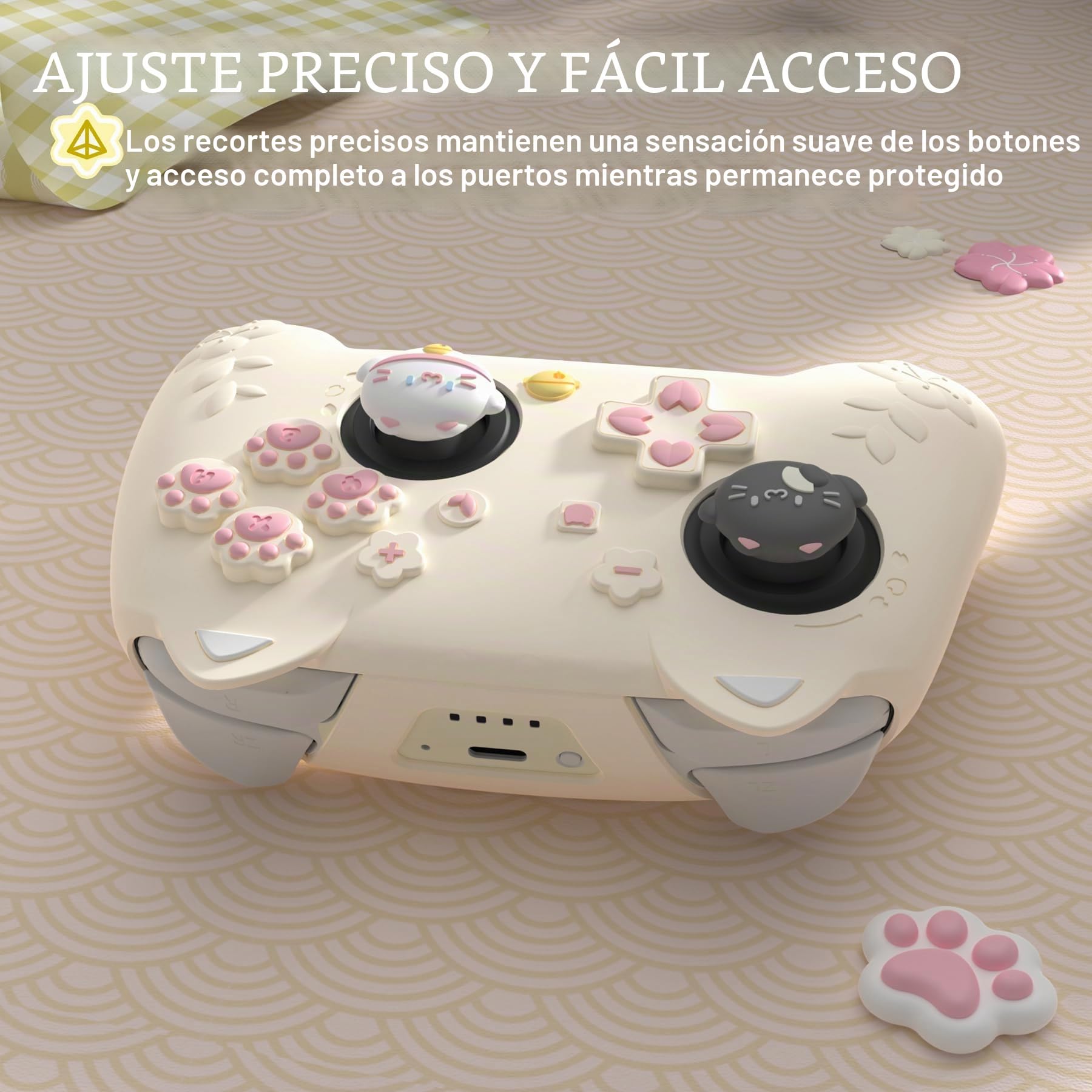 PlayVital Funda de Silicona para Nintendo Switch 2 Pro Mando - Carcasa Protectora Kawaii con Tapas de Botón Trasero & Grips para Joystick & Pegatina - Diseño Gatito Lindo (Amarillo Antiguo)