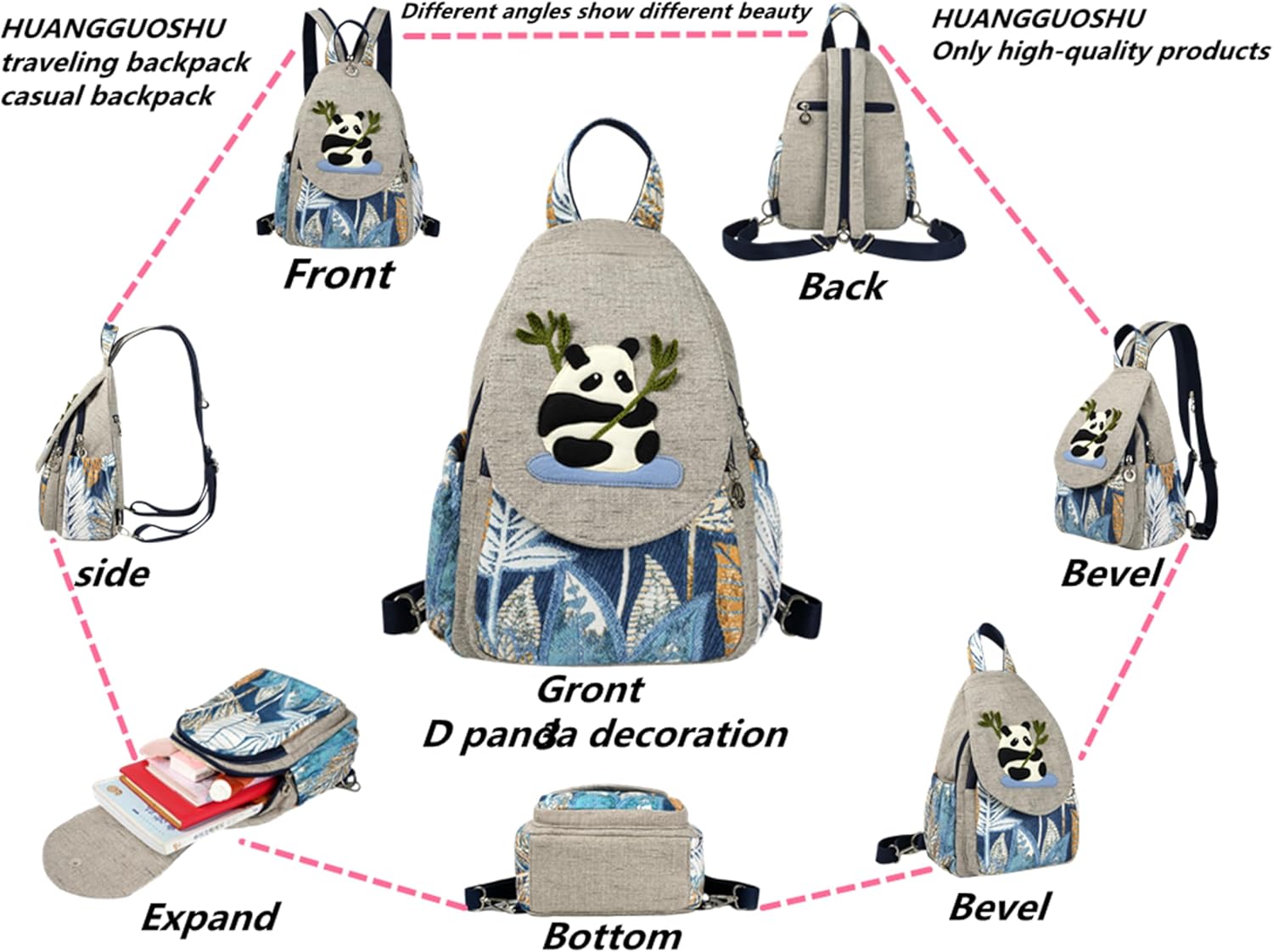 Womens Boho Cotton Hemp Cloth Backpack Boho Vintage Embroidered Casual Purse - Image 3