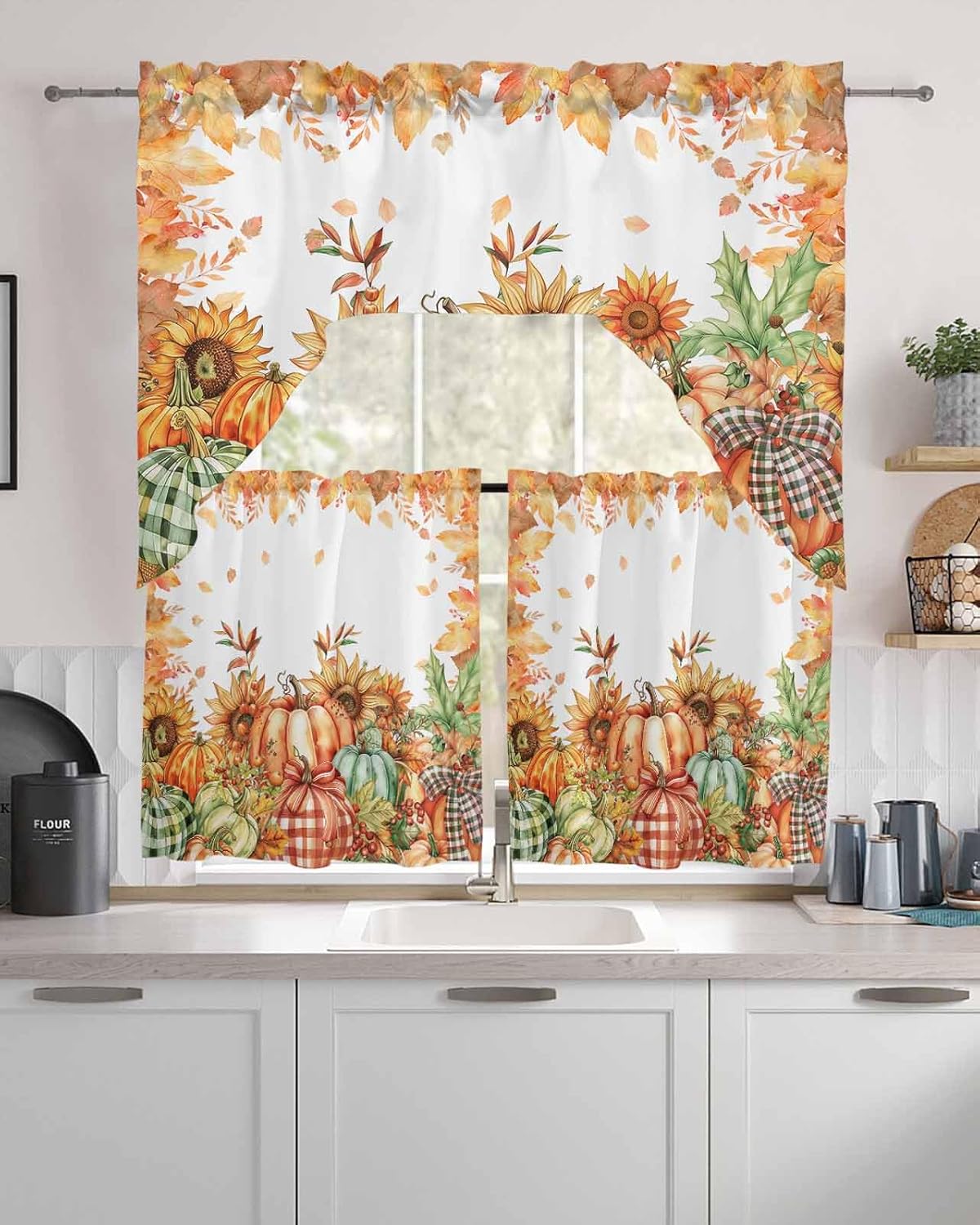 Thanksging Pumpkins Swag Kitchen Curtains Valance and Tier Set 24 Inch Length, Watercolor Orange White Fall Leaves Rod Pocket Swag Curtains for Living Room Bedroom Bathroom Window Drapes 3 Piece