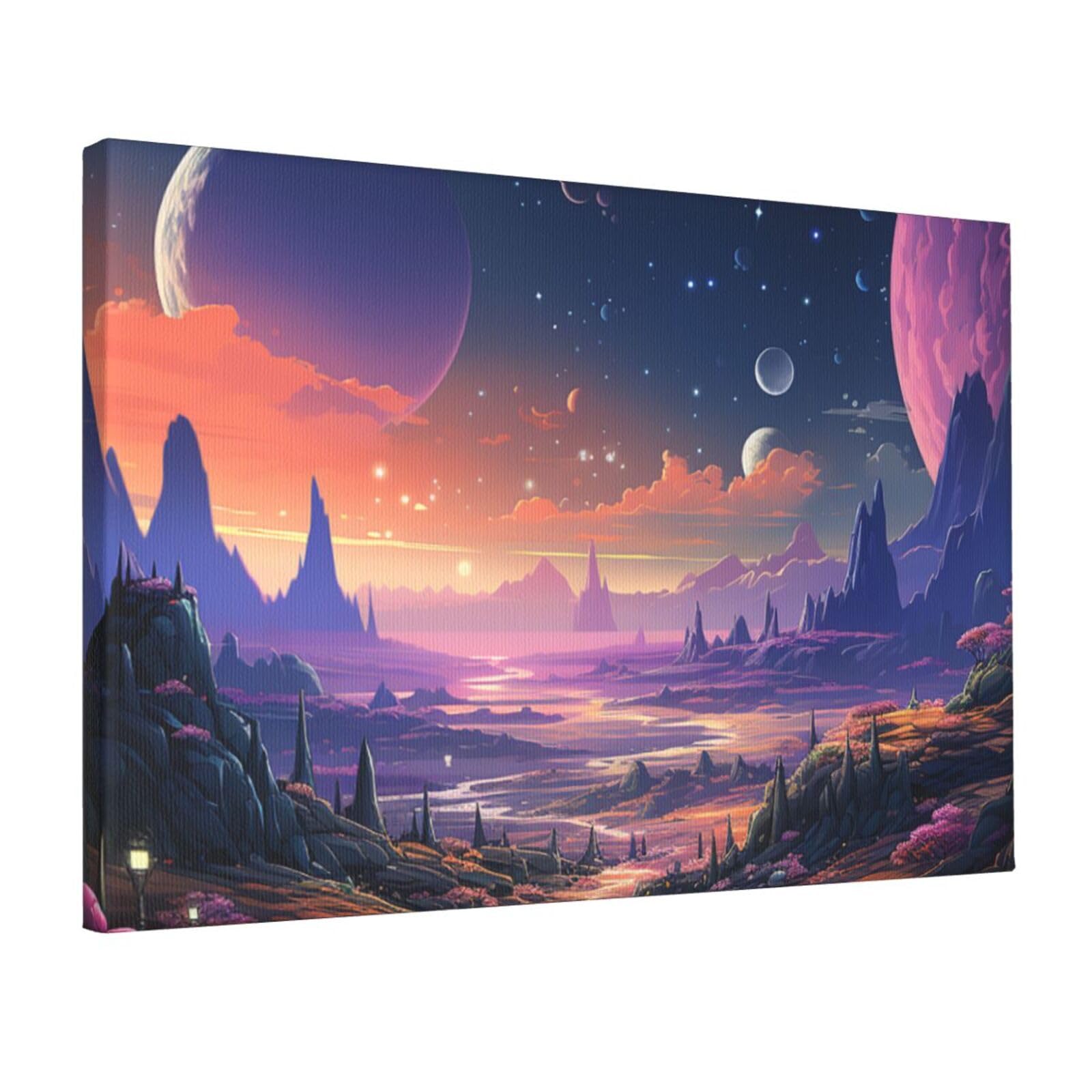 KLOPH Colorful retro space theme Canvas Wall Art for Living Room 12"x18" Modern Artwork Painting for Bathroom Hanging Canvas Prints Aesthetic Wallart for Bedroom Kitchen Office Wall Decor