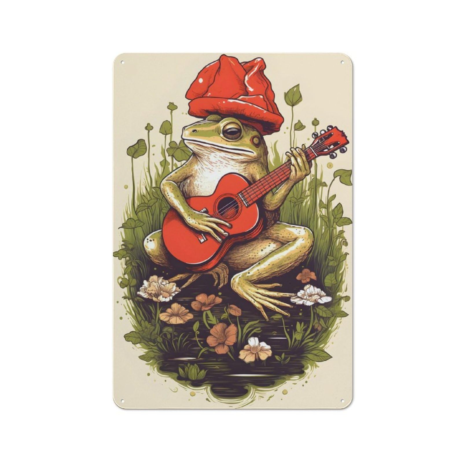 Junmoney Cottagecore Frog Guitar Friendly Metal Wall Decor 30X20cm, Decorative Metal Plaque For Coffee Bar, Small Shop Or Dining Room
