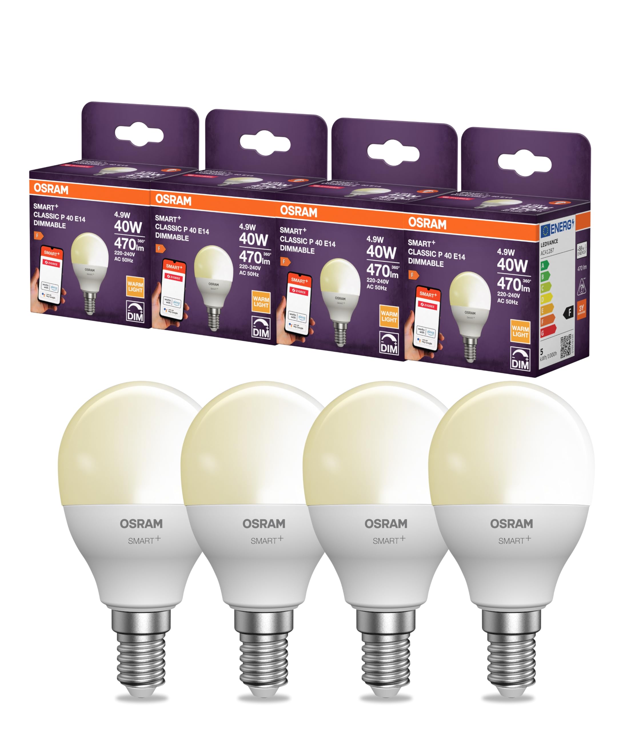 OSRAM SMART LED P40 Miniball E14 4,9W ZigBee dimmerabile 2700K | SMART+ ZIGBEE Dimmable Classic, LED Lamps, bianco, 20000 h, confezione da 1