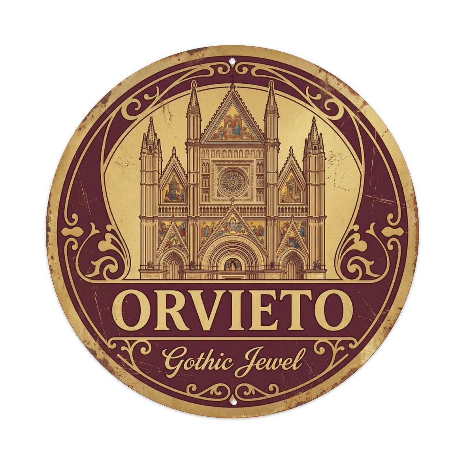 Vintage Travel Orvieto Cathedral Italy Metal Tin Sign Plaque Wall Decor for Cafe, Club, Garden Round Metal Poster 8x8Inch