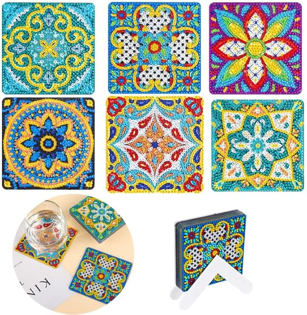 6 Pieces Diamond Painting Coasters with Holder,DIY Diamond Art Coasters 4 Inch Reusable Diamond Drawing Cup Mat for Kinds of Cups Rhinestone Painting Coasters Kits for Kid Adult Beginner