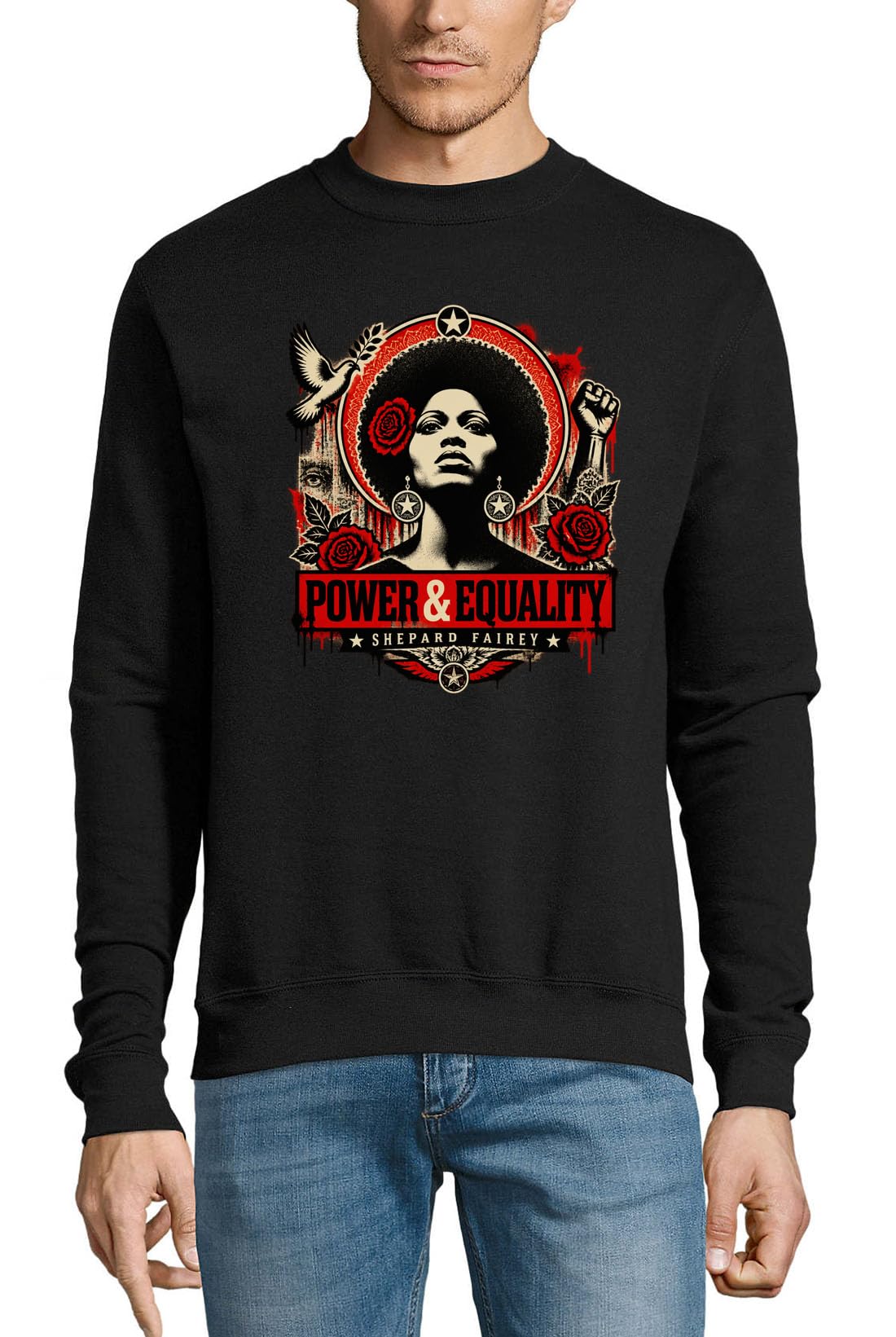 Damen Pullover mit erhöhter Faust und Taube aus Baumwolle, Schwarz