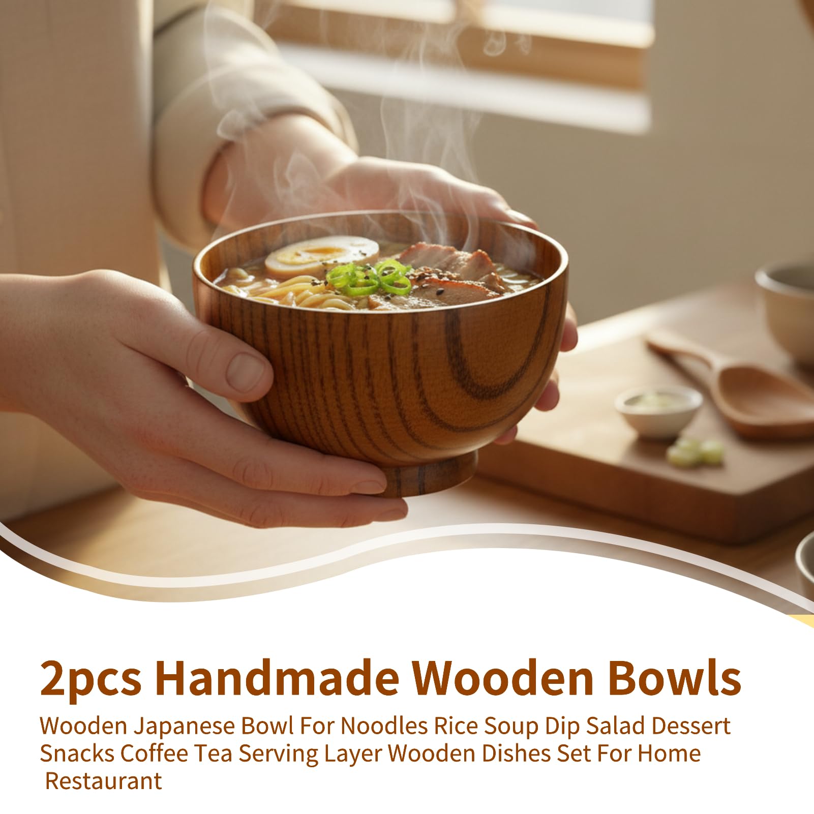 2 cuencos de madera hechos a mano, cuenco japonés de madera para fideos, arroz, sopa, ensalada, postre, aperitivos, café, té, servir vajilla para el hogar y restaurante
