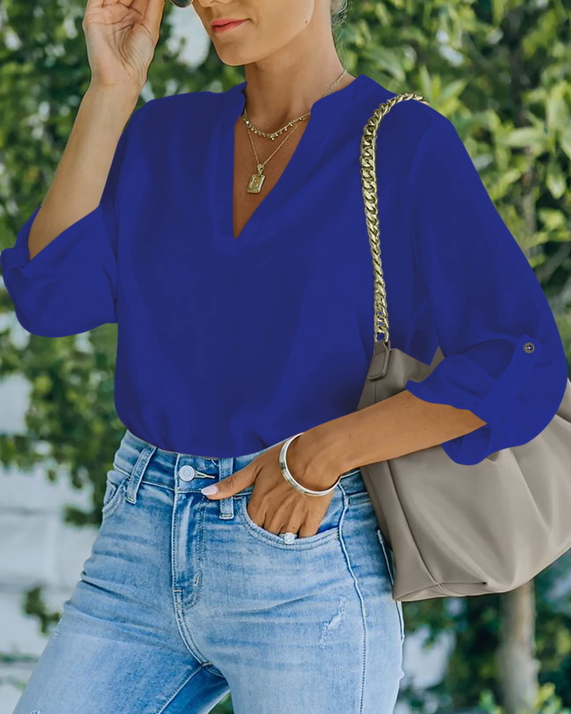 NONSAR Camicetta da donna Henley, elegante, con scollo a V, maniche arrotolabili, in stile casual