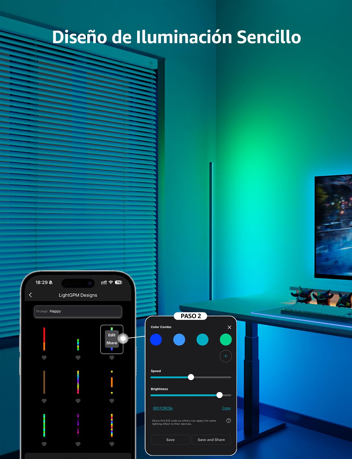 Lepro OE1 AI Lámpara de Pie Inteligente, Control de Voz, Sincronización Música, Fonciona con Alexa y Google Home, Diseñador de Iluminación AI Personalizado, Luz Pie Ambiental para Dormitorio, Sala